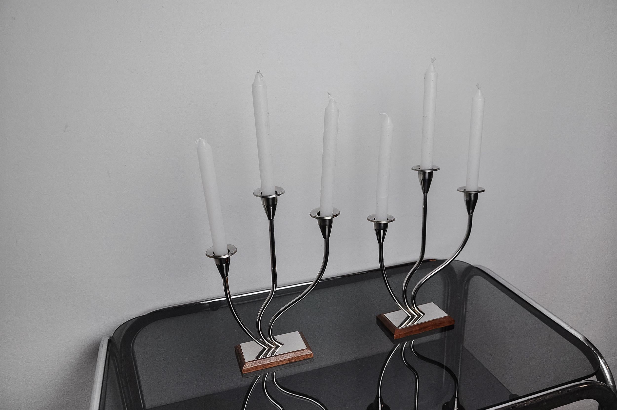 Pair of art deco candlesticks in stainless steel 3 flames, Spain, 1970 In Good Condition For Sale In BARCELONA, ES