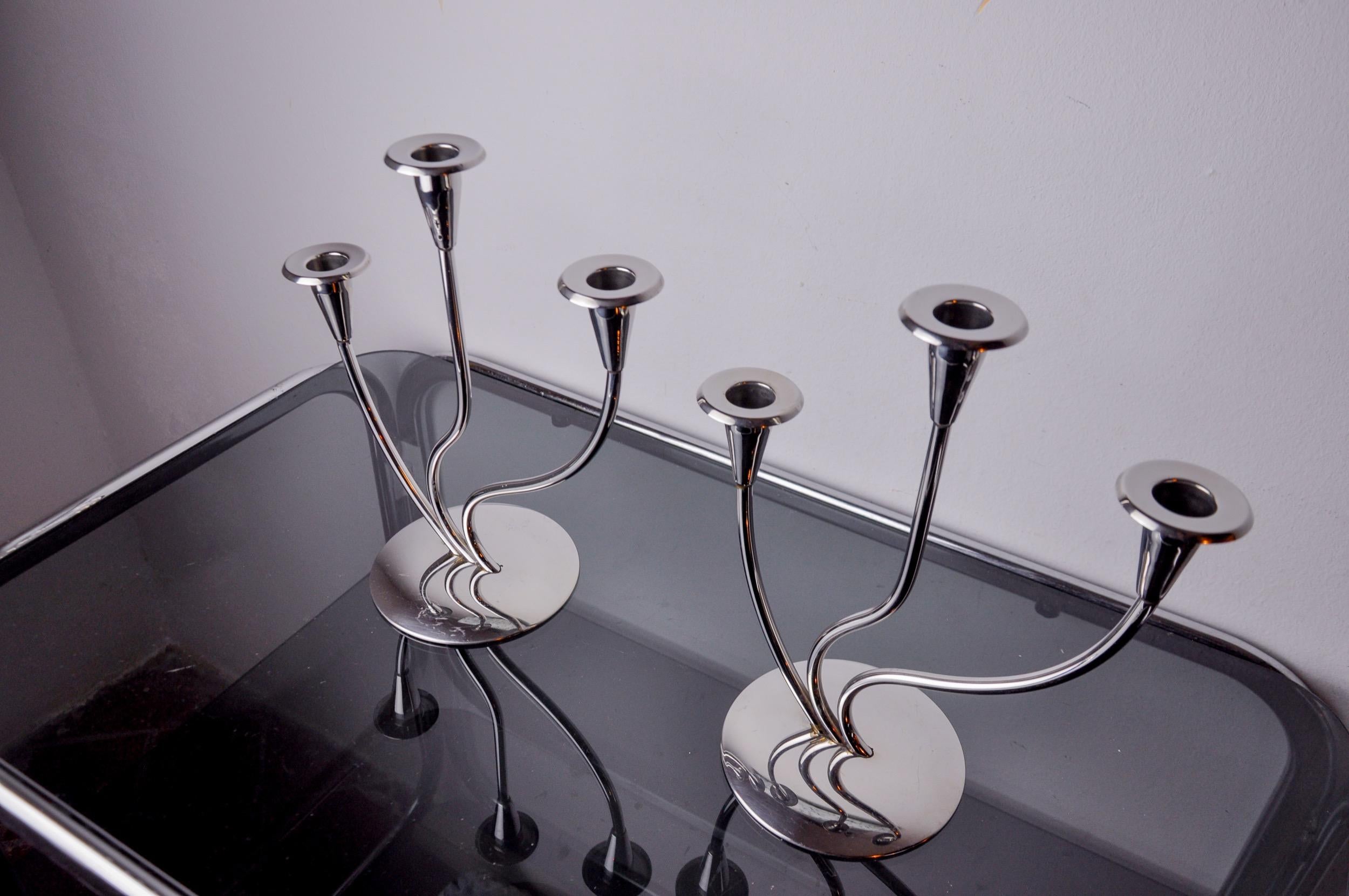 Pair of art deco candlesticks in stainless steel 3 flames, Spain, 1970 In Good Condition For Sale In BARCELONA, ES