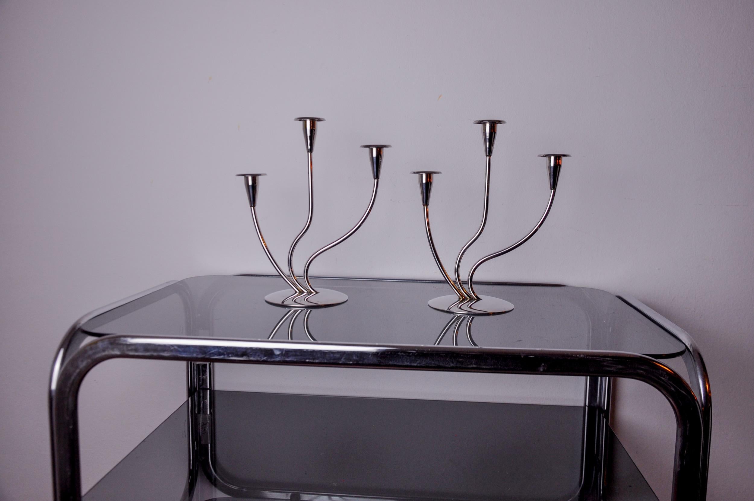 Late 20th Century Pair of art deco candlesticks in stainless steel 3 flames, Spain, 1970 For Sale