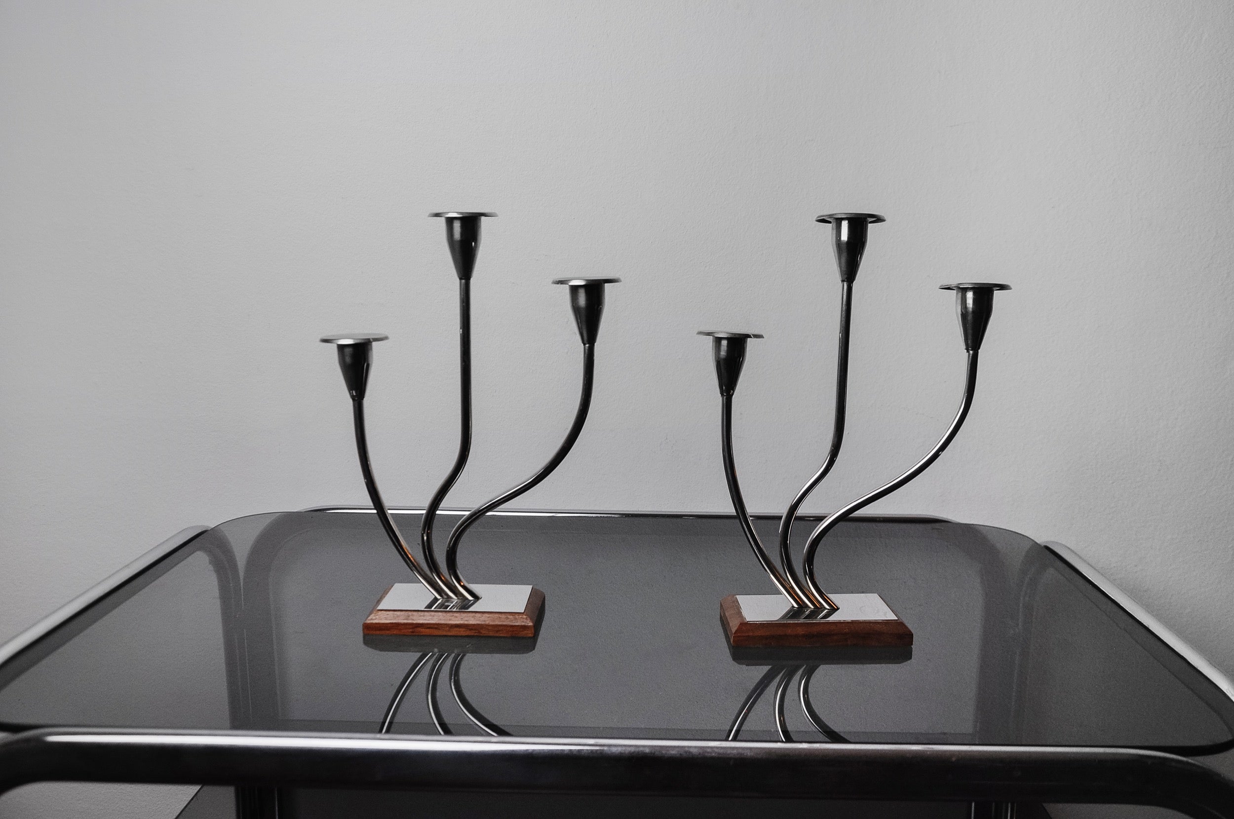Pareja de candelabros art déco en acero inoxidable 3 llamas, España, 1970