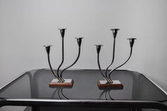 Pareja de candelabros art déco en acero inoxidable 3 llamas, España, 1970