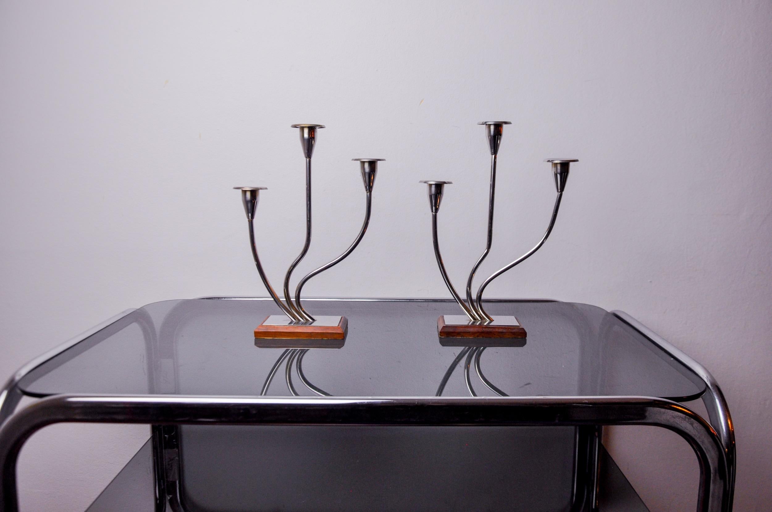 Hollywood Regency Pair of art deco candlesticks in stainless steel and rosewood 3 flames, Spain For Sale