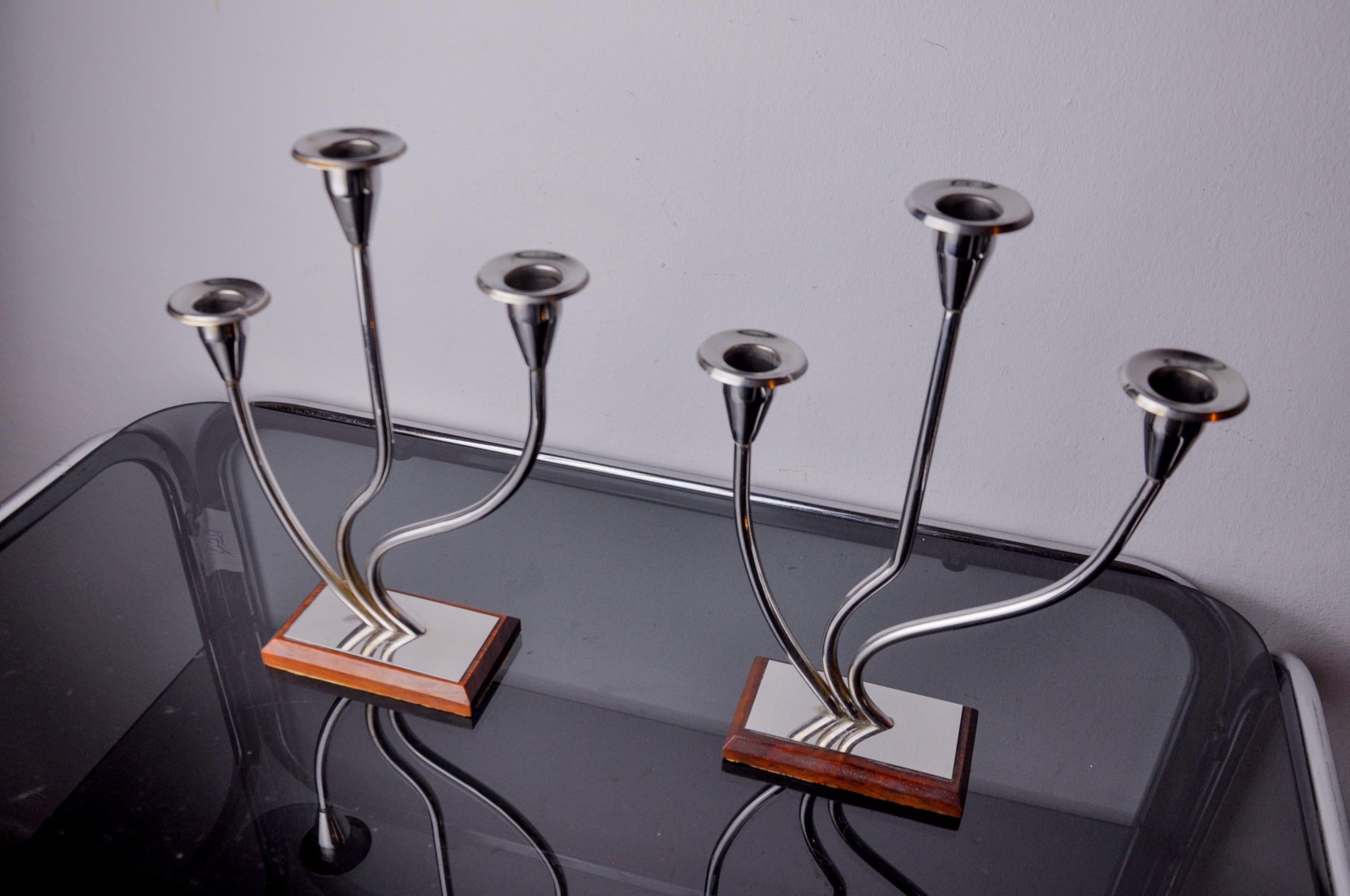 Spanish Pair of art deco candlesticks in stainless steel and rosewood 3 flames, Spain For Sale
