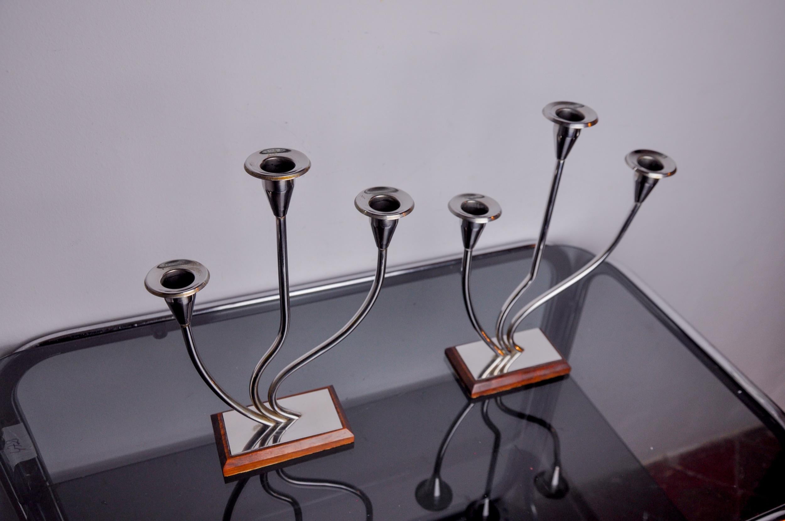 Pair of art deco candlesticks in stainless steel and rosewood 3 flames, Spain In Good Condition For Sale In BARCELONA, ES