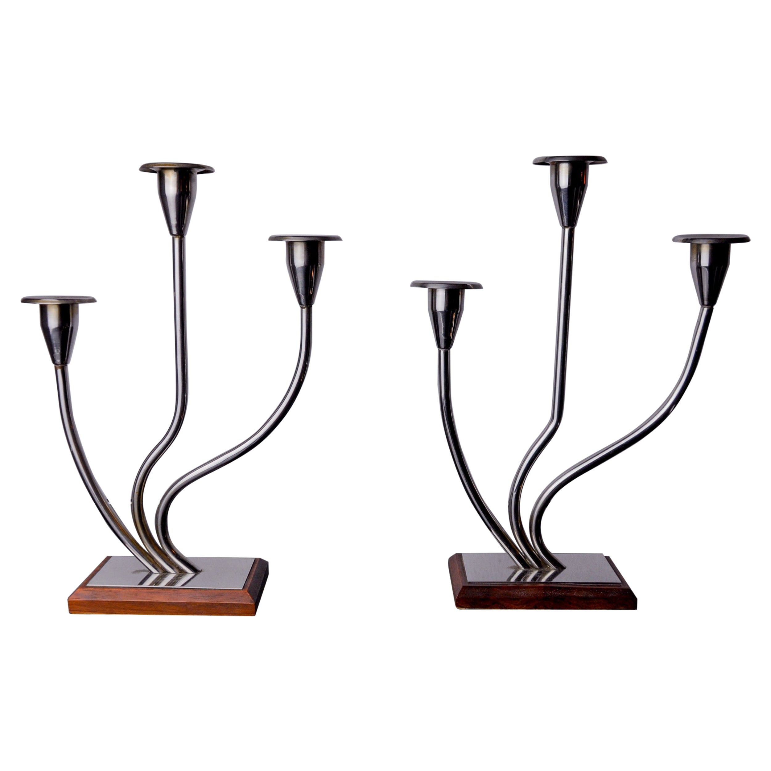 Paire de chandeliers art déco en acier inoxydable et bois de rose à 3 flammes, Espagne