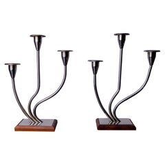 Paire de chandeliers art déco en acier inoxydable et bois de rose à 3 flammes, Espagne