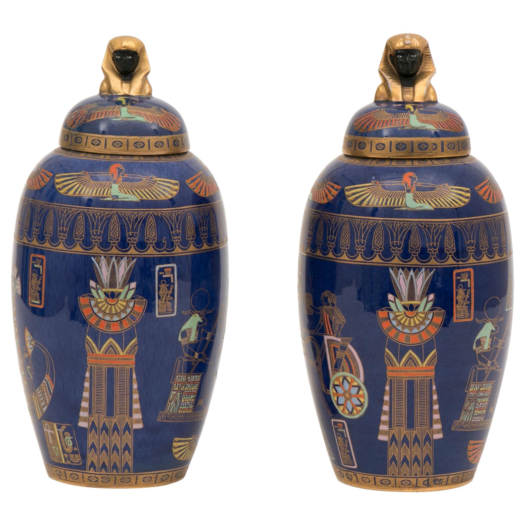 Pair of Art Deco Carltonware Temple Jars with Tutankhamun Design For Sale