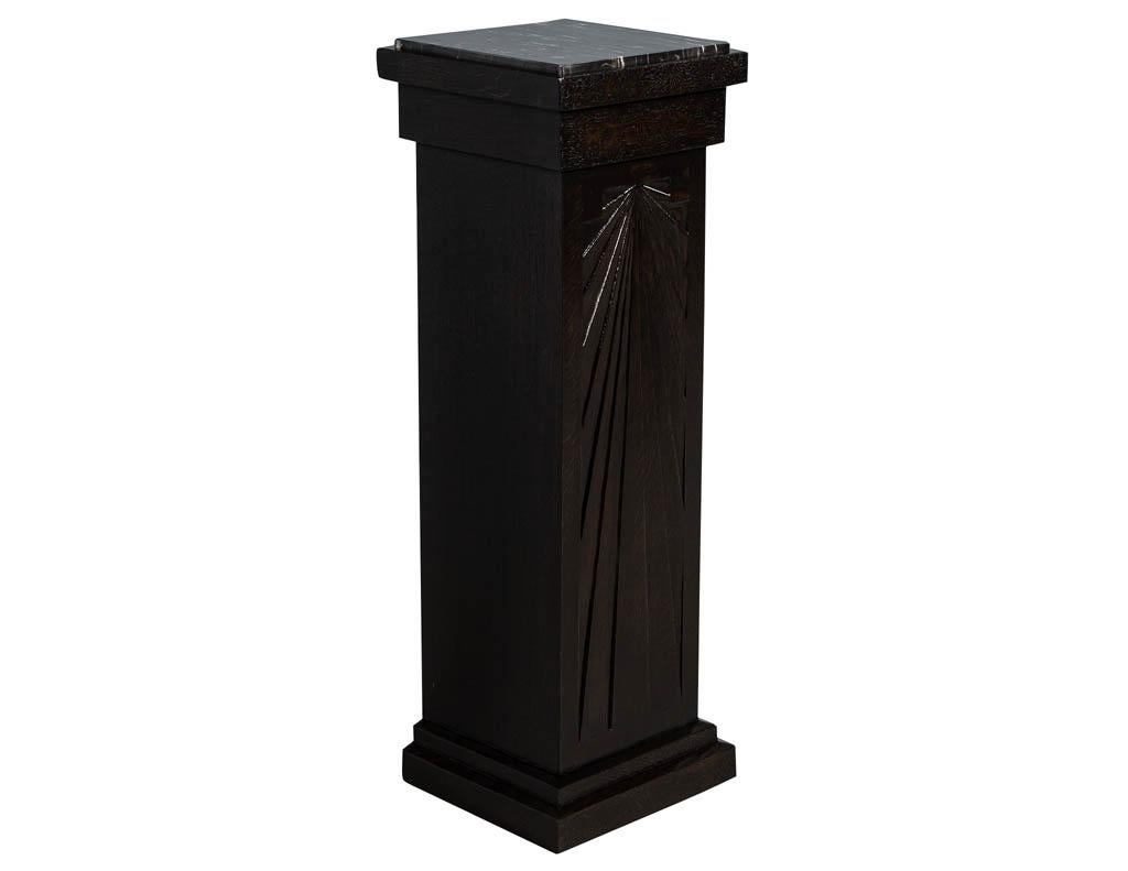Original French antique Art Deco pedestal stands restored by the Carrocel artisans. Restored in a rich dark walnut finish with black marble tops.

Price includes complimentary curb side delivery to the continental USA.