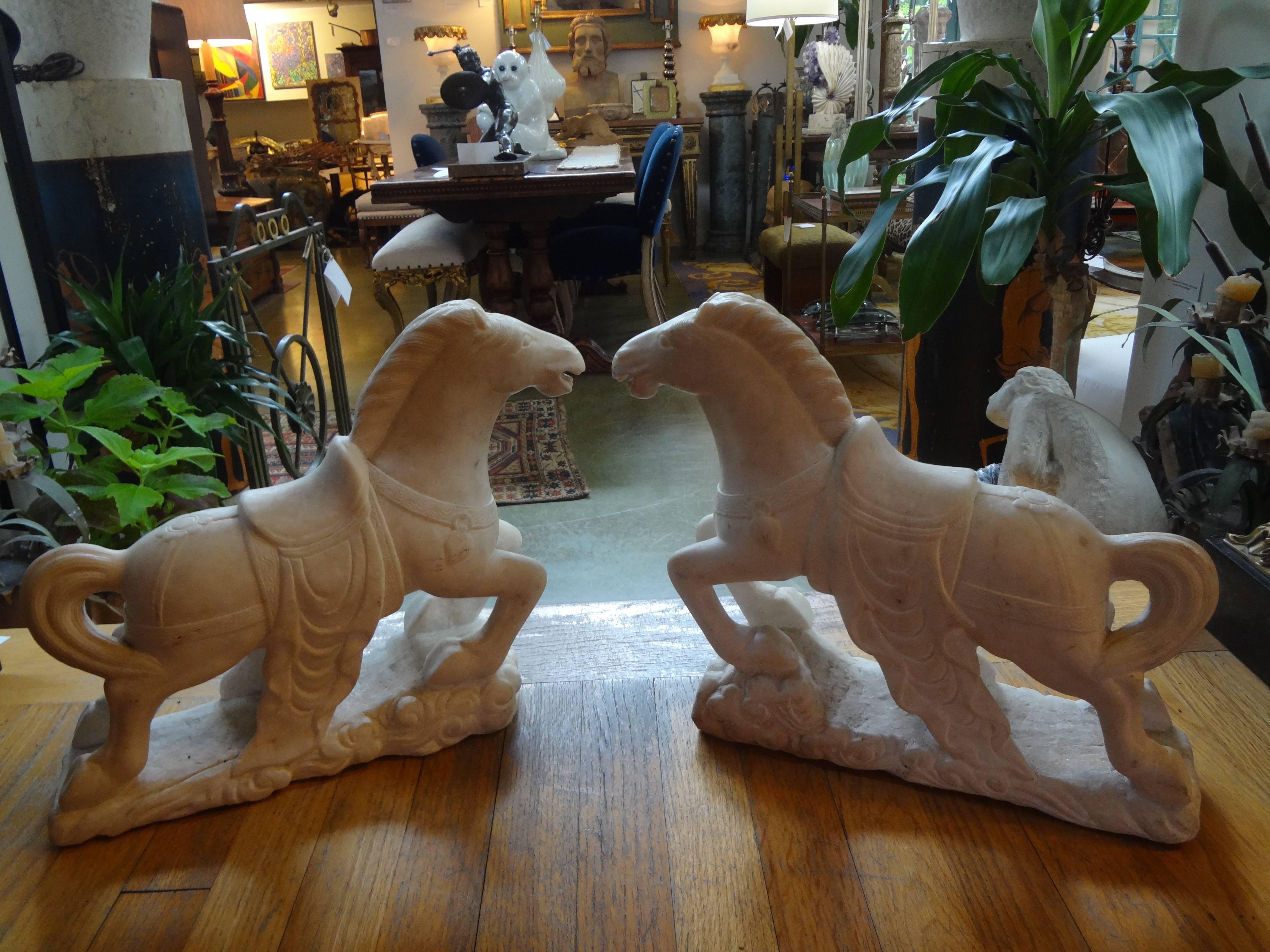 Grand Tour Pair of Art Deco Carved Marble Horse Sculptures