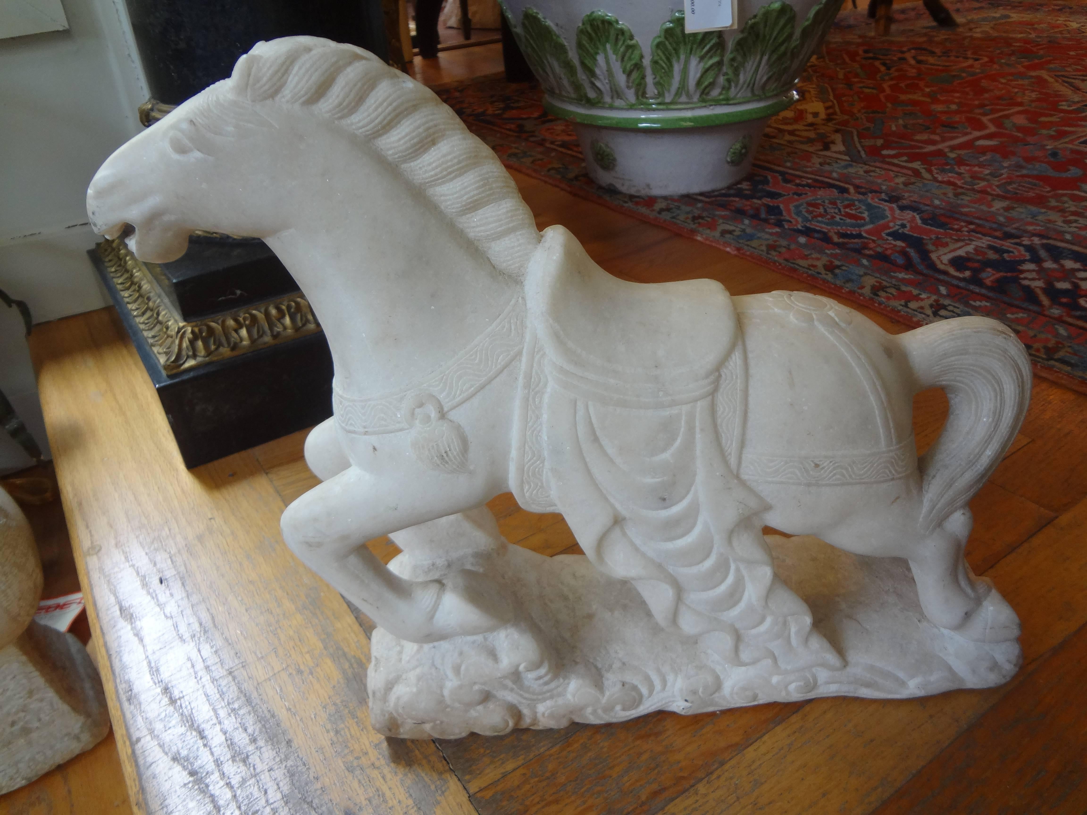 Unknown Pair of Art Deco Carved Marble Horse Sculptures