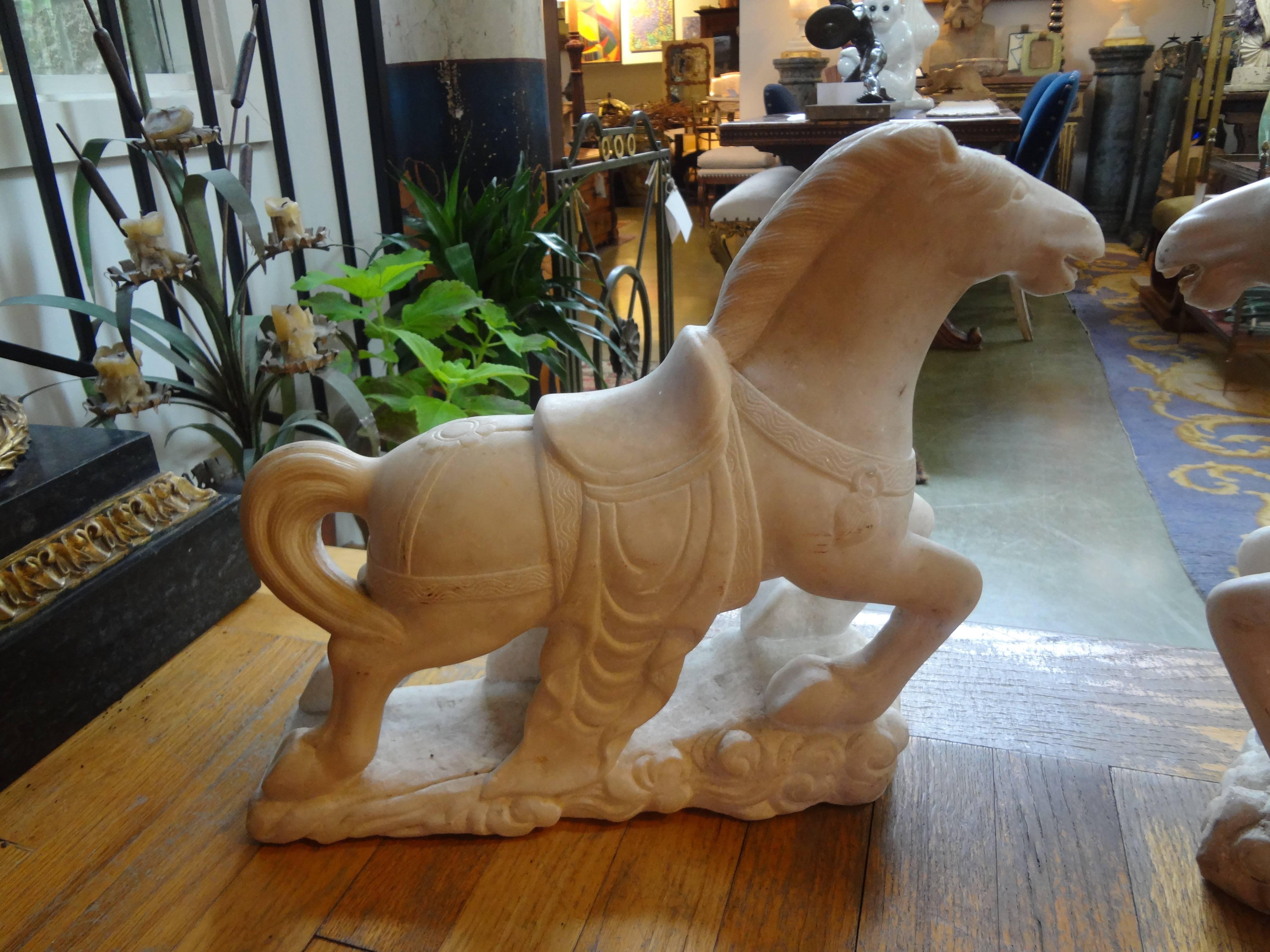 Pair of Art Deco Carved Marble Horse Sculptures In Good Condition In Houston, TX