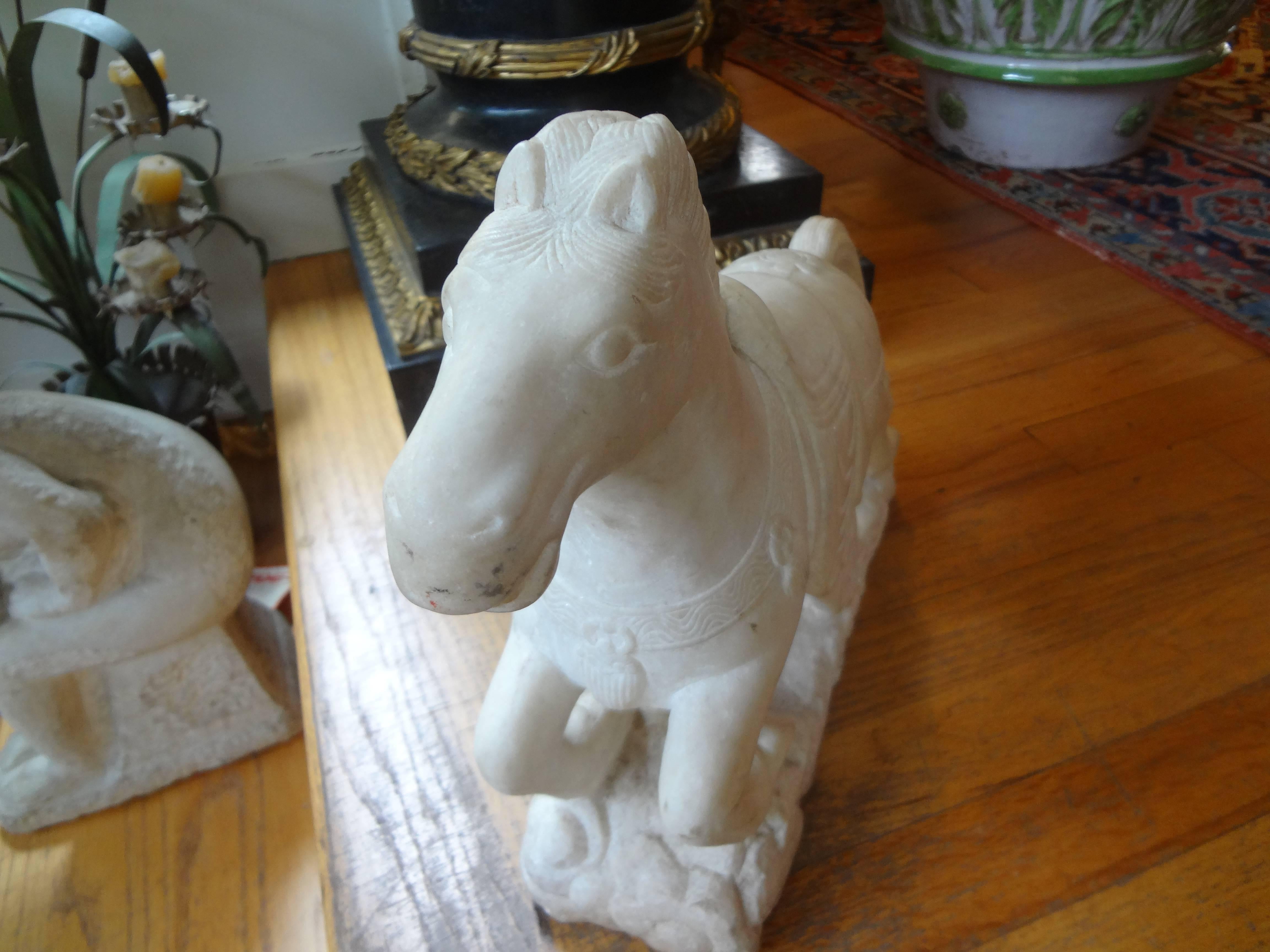 Pair of Art Deco Carved Marble Horse Sculptures 3