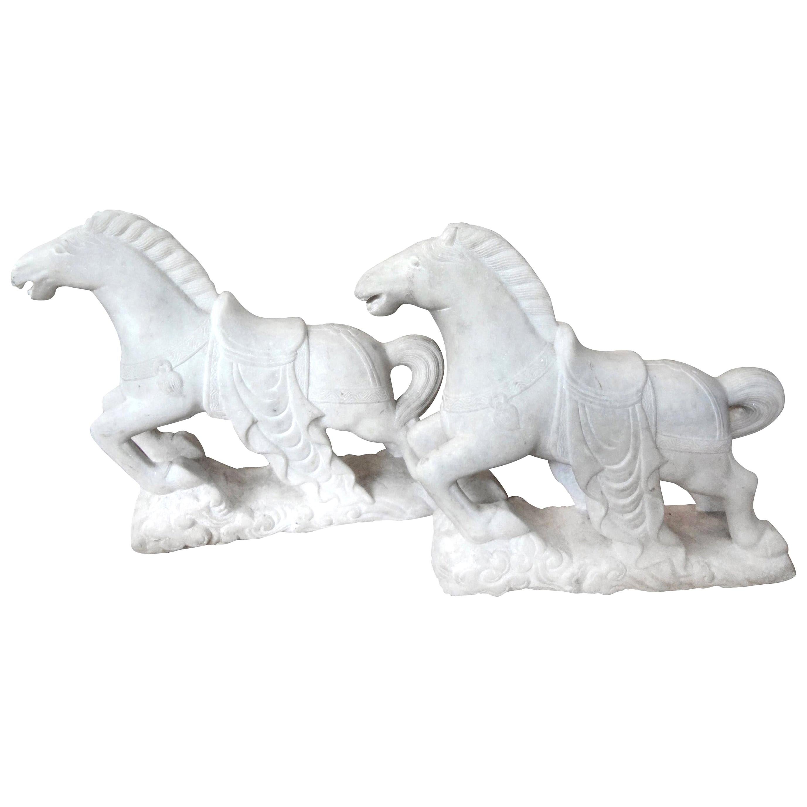 Pair of Art Deco Carved Marble Horse Sculptures