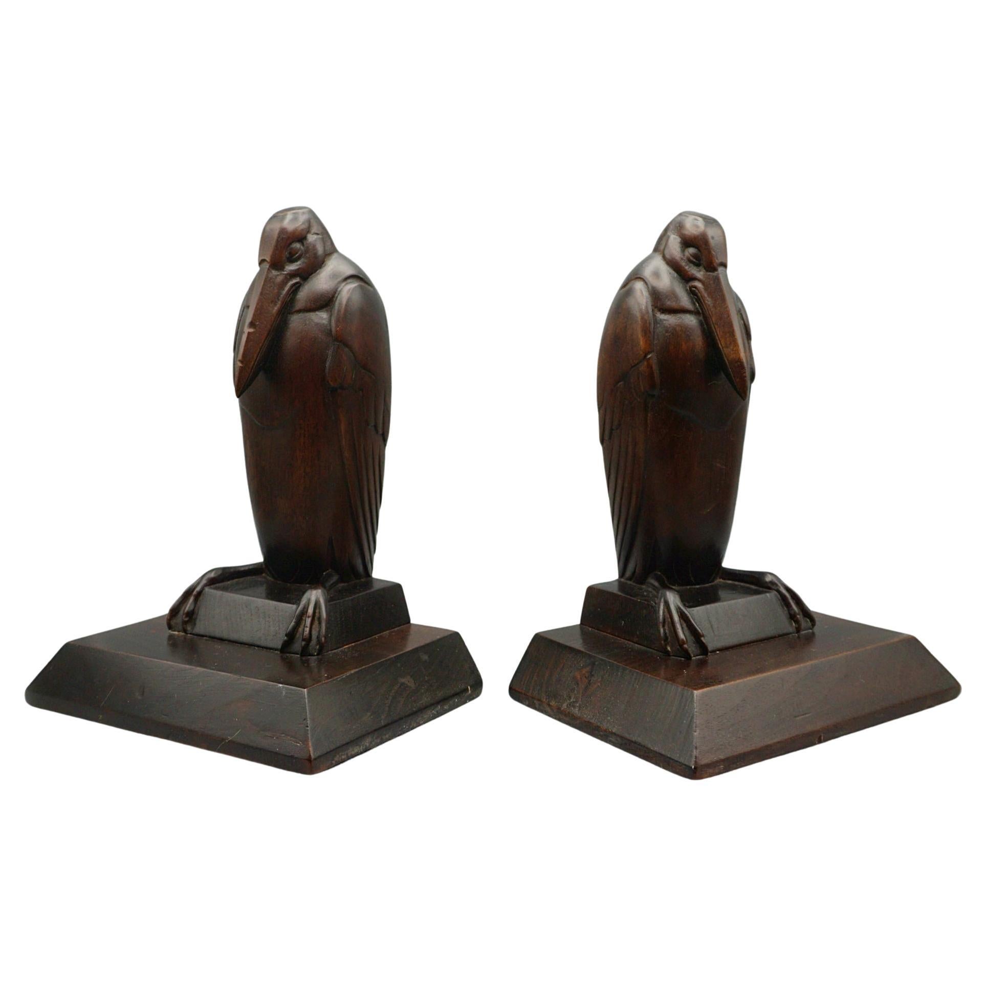 Pair of Art Deco Carved Wood Marabou Stork Bookends Circa 1920 For Sale