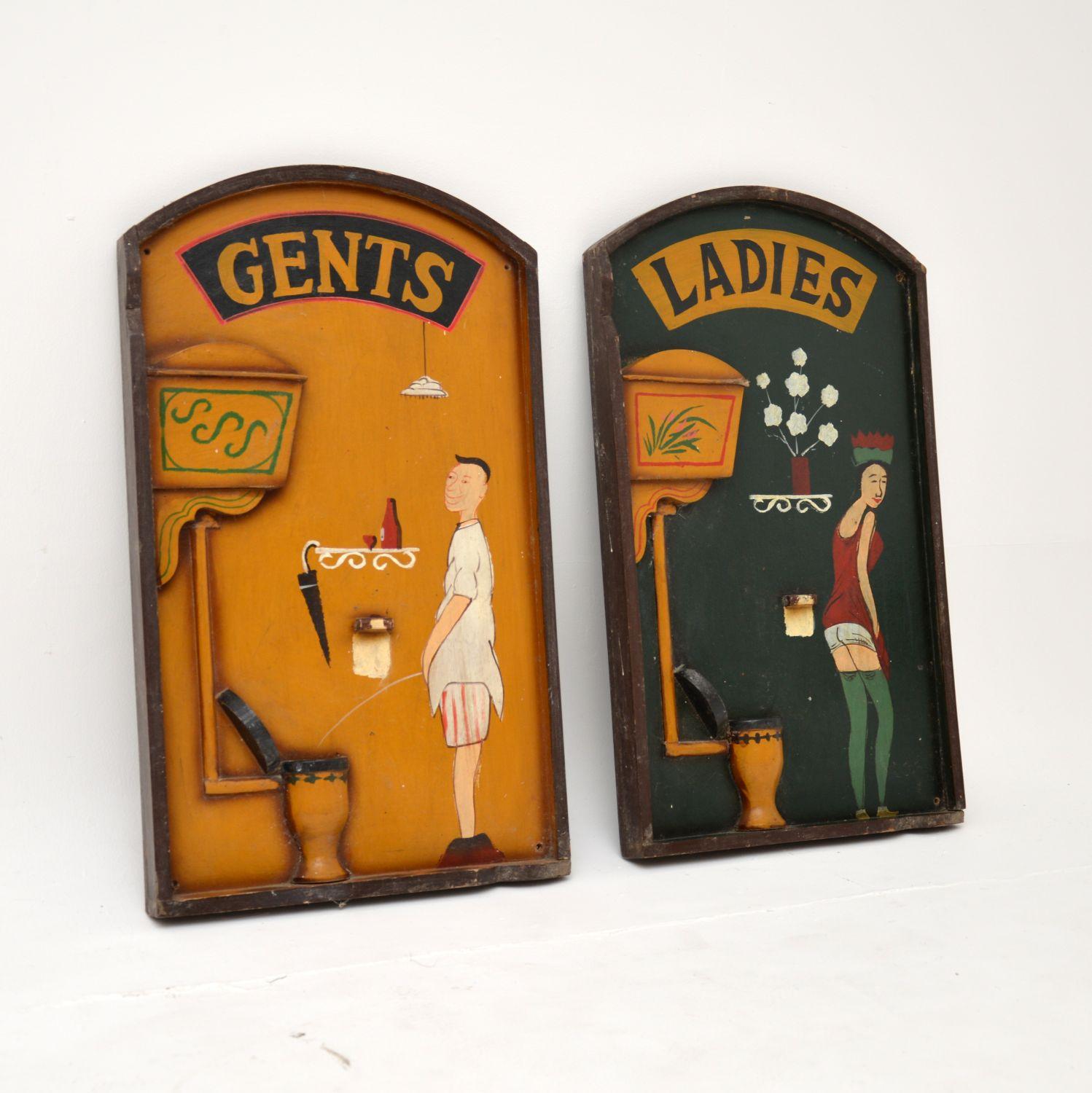 English Pair of Art Deco Carved Wooden His & Hers Bathroom Signs