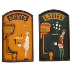 Vintage Pair of Art Deco Carved Wooden His & Hers Bathroom Signs