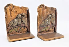 Pair of Art Deco Cast Brass & Cold Painted Bookends with Perched Owls