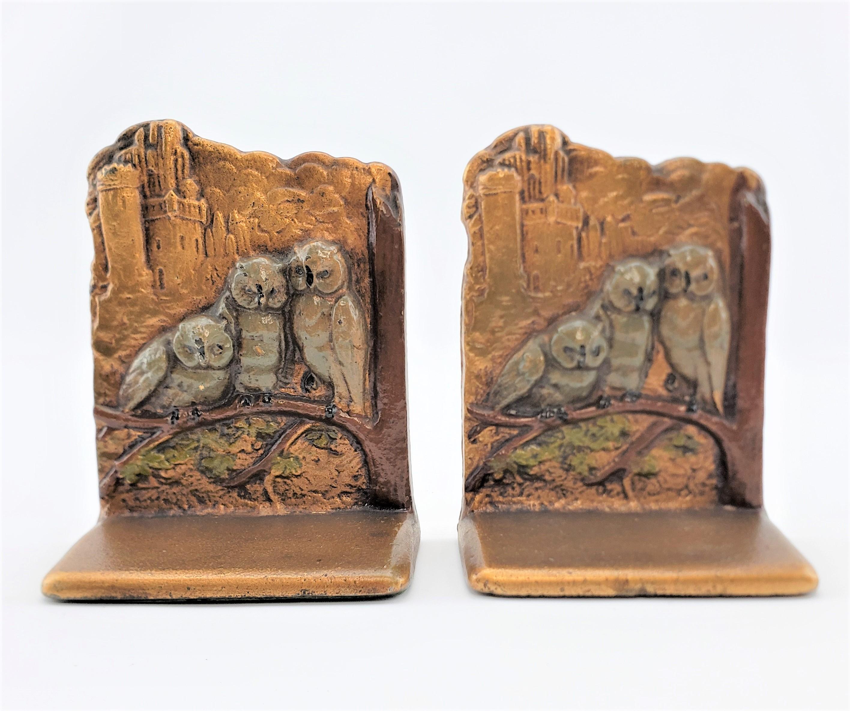 Cold-Painted Pair of Art Deco Cast Brass & Cold Painted Bookends with Perched Owls For Sale