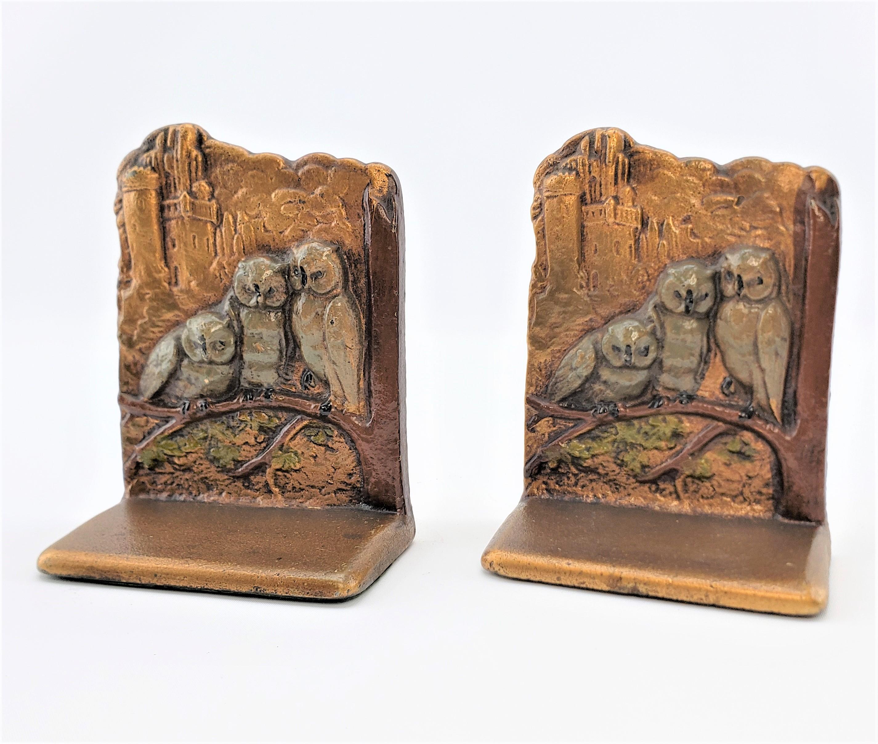 20th Century Pair of Art Deco Cast Brass & Cold Painted Bookends with Perched Owls For Sale