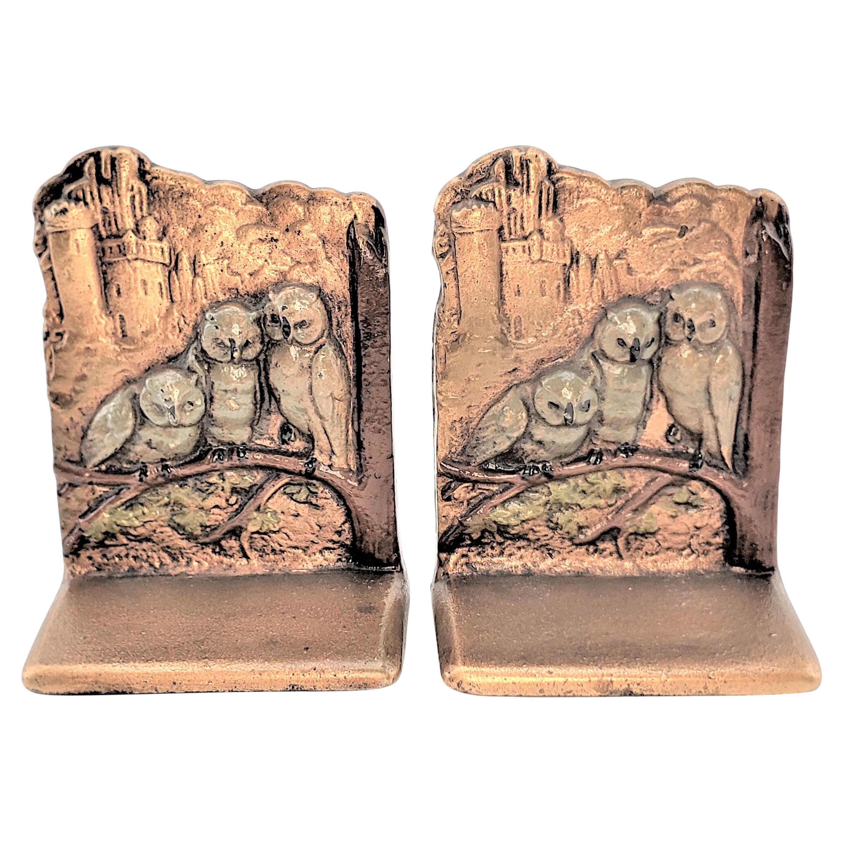 Pair of Art Deco Cast Brass & Cold Painted Bookends with Perched Owls For Sale
