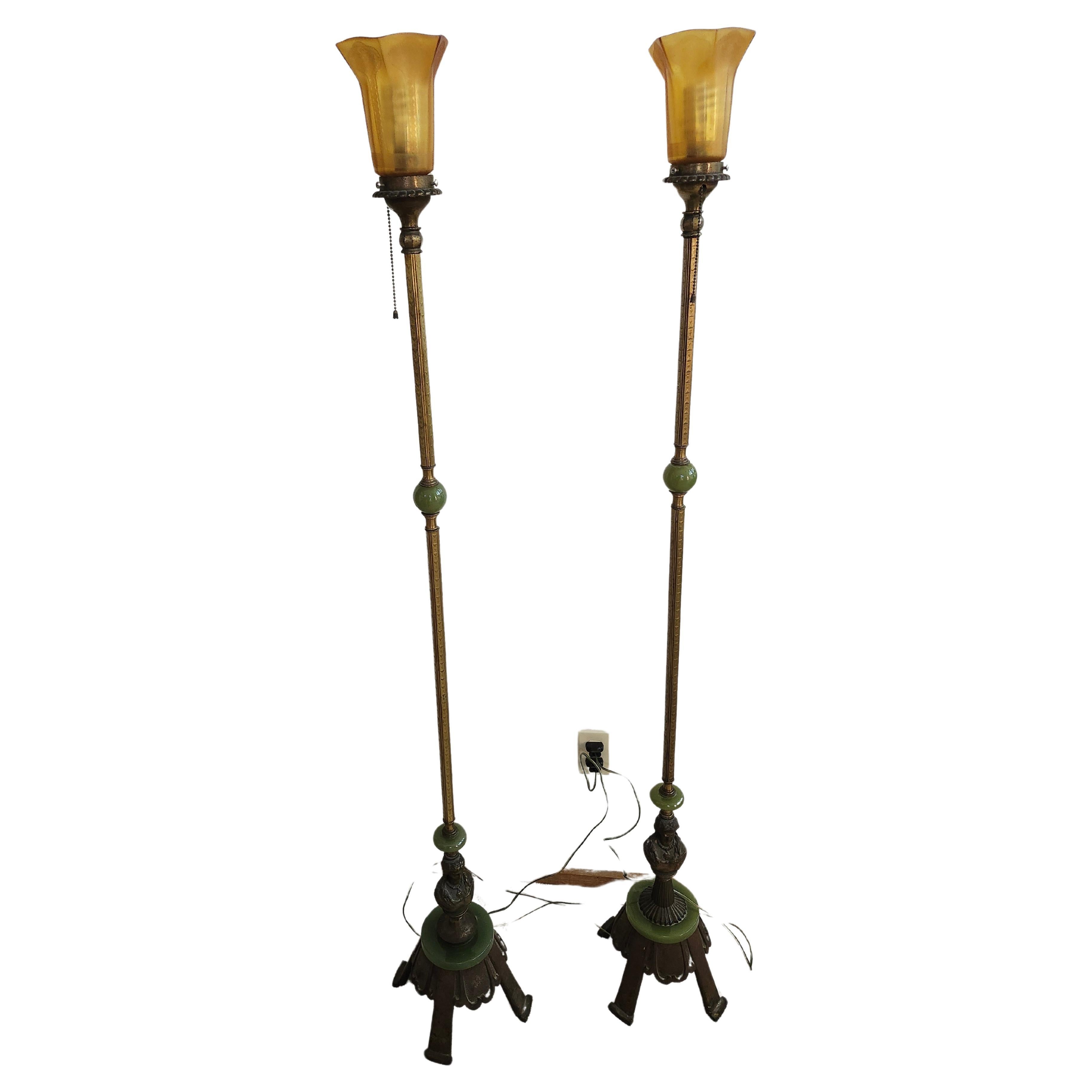 Art Deco Floor Lamps Cast Brass Figural Busts Onyx w Etched Flared Amber Shades
