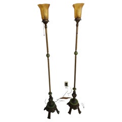 Art Deco Floor Lamps Cast Brass Figural Busts Onyx w Etched Flared Amber Shades