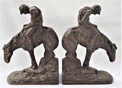 Pair of Art Deco Cast Bronzed Metal Western Cowboy Themed Sculptural Bookends