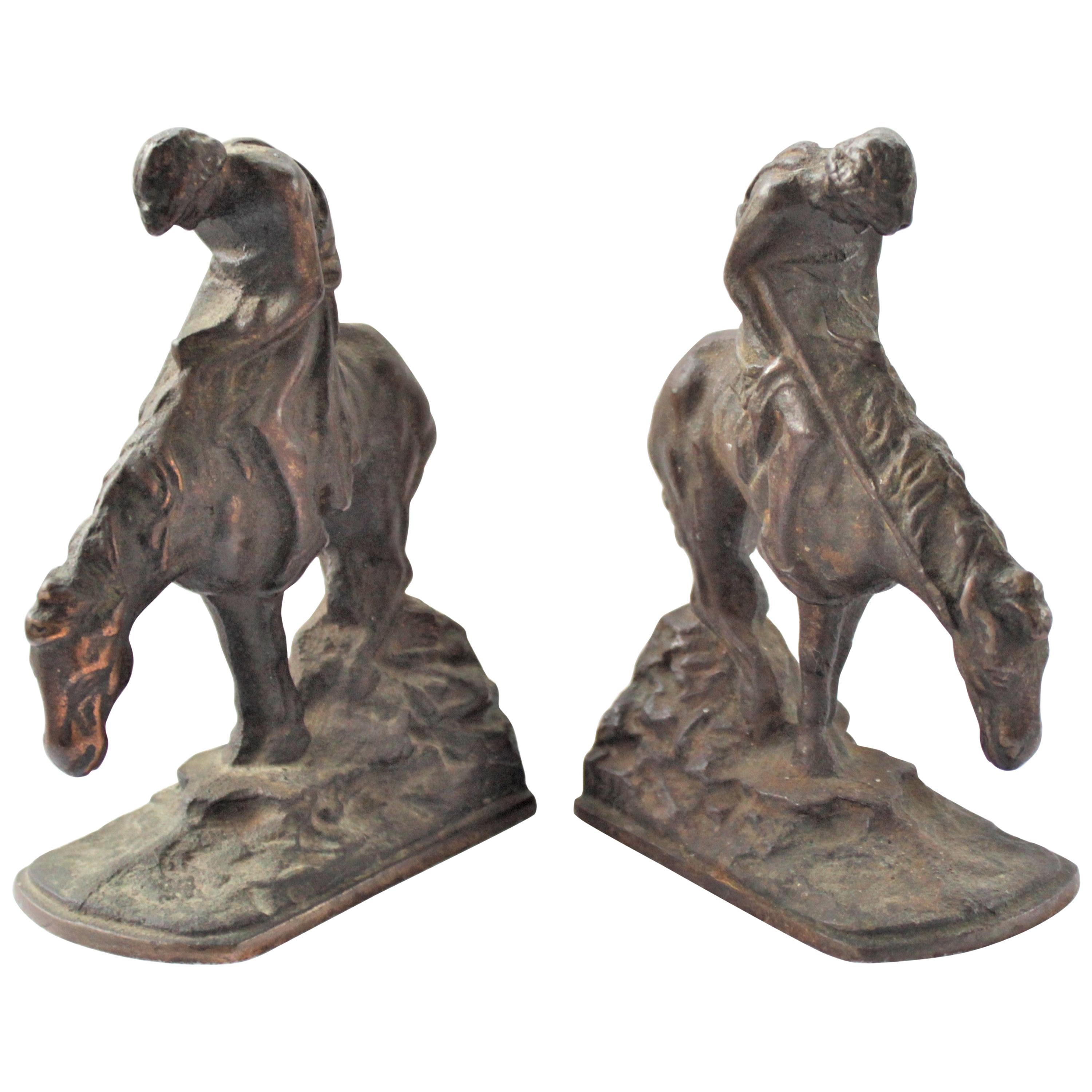 Pair of Art Deco Cast Bronzed Metal Western Cowboy Themed Sculptural Bookends For Sale