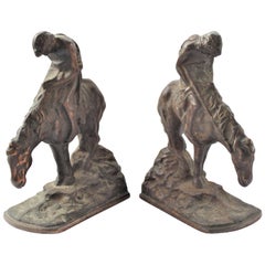 Pair of Art Deco Cast Bronzed Metal Western Cowboy Themed Sculptural Bookends