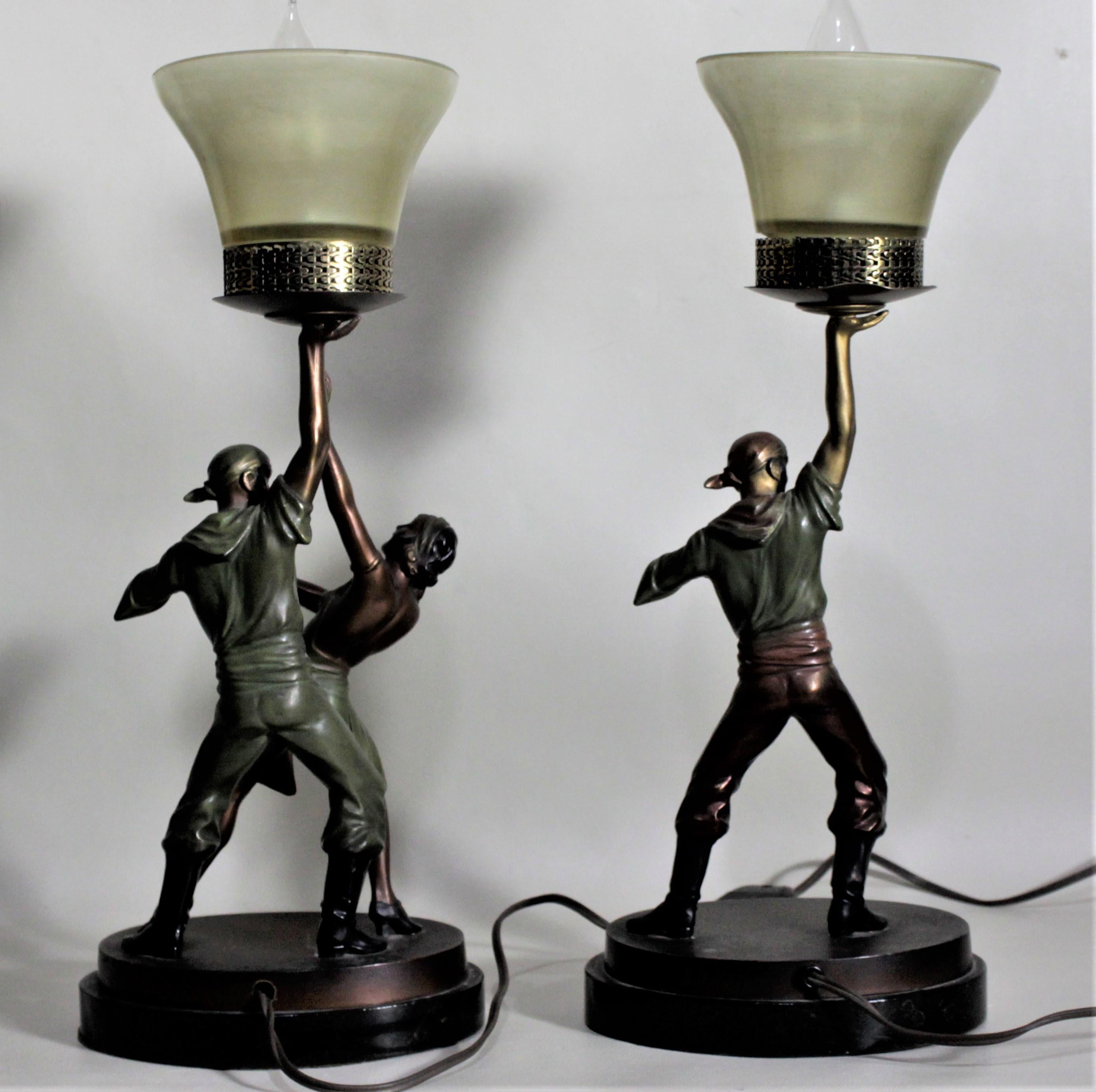 20th Century Pair of Art Deco Cast and Cold-Painted Figural Theatrical Pirate Table Lamps For Sale