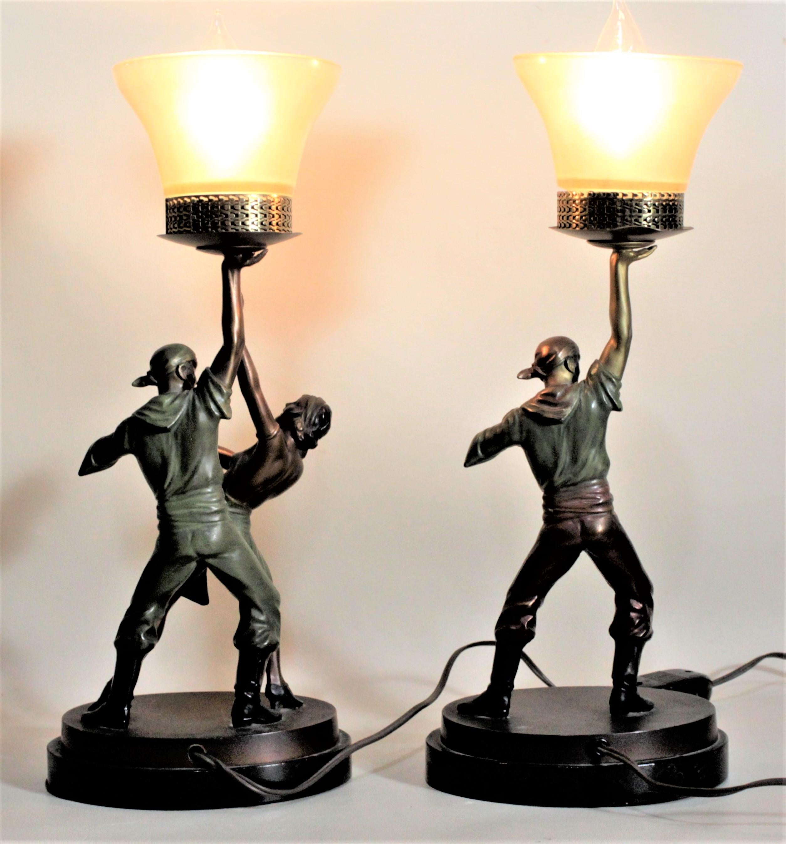 Spelter Pair of Art Deco Cast and Cold-Painted Figural Theatrical Pirate Table Lamps For Sale