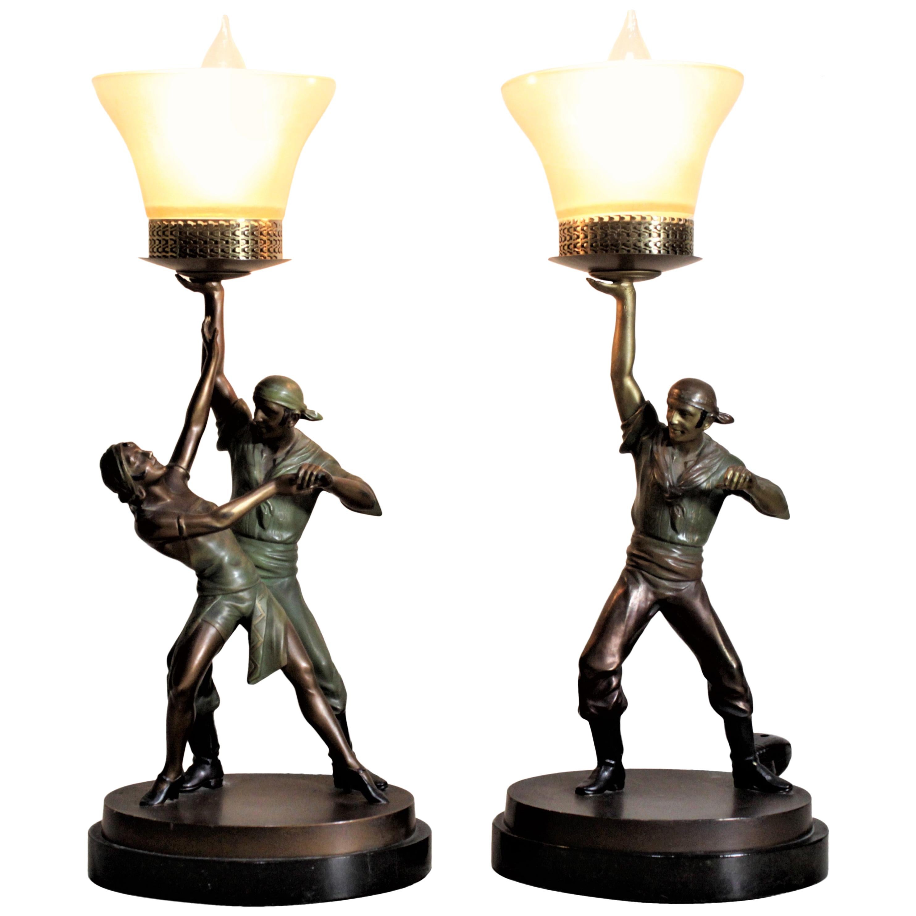 Pair of Art Deco Cast and Cold-Painted Figural Theatrical Pirate Table Lamps For Sale