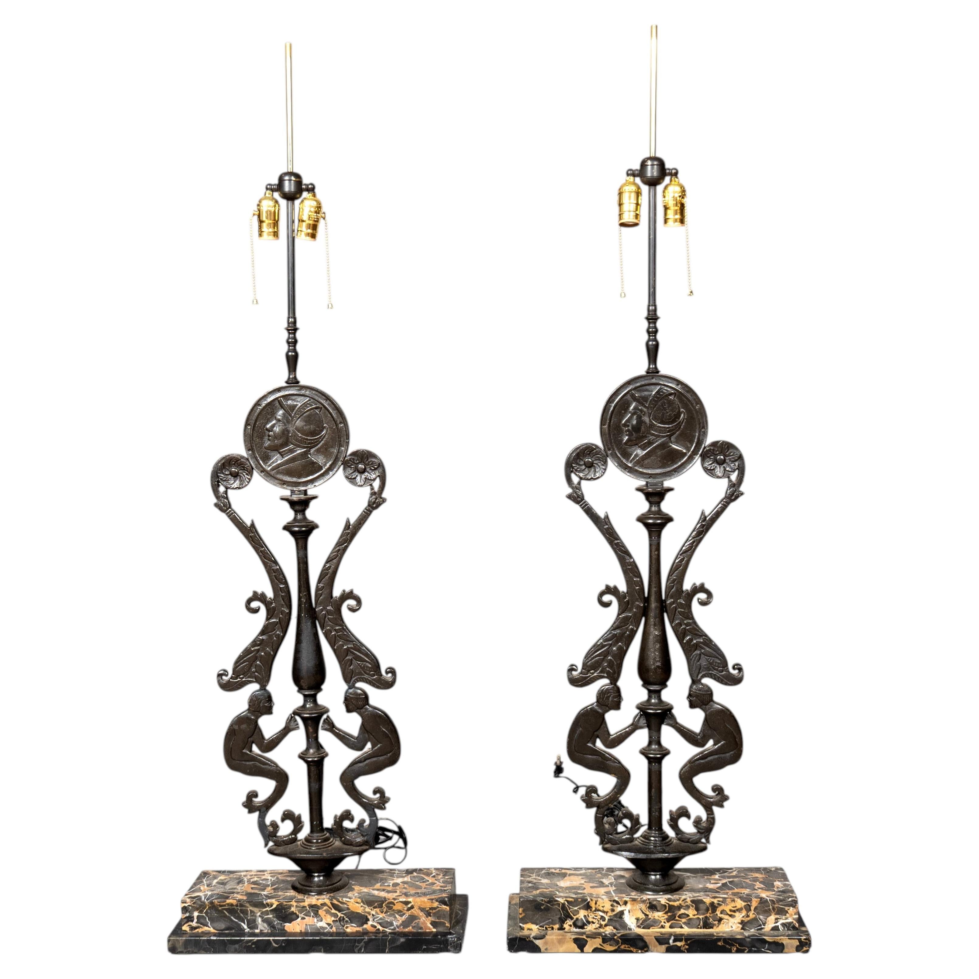 Pair Of Art Deco Cast Iron And Portola Marble Lamps