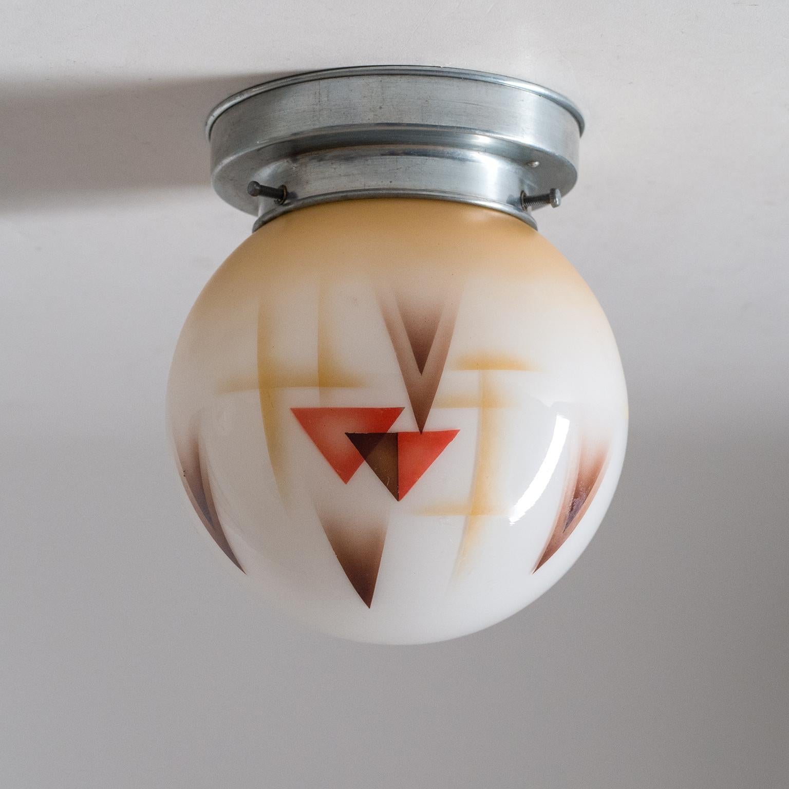 Pair of Art Deco Ceiling or Wall Lights, circa 1930, Enameled Glass 7