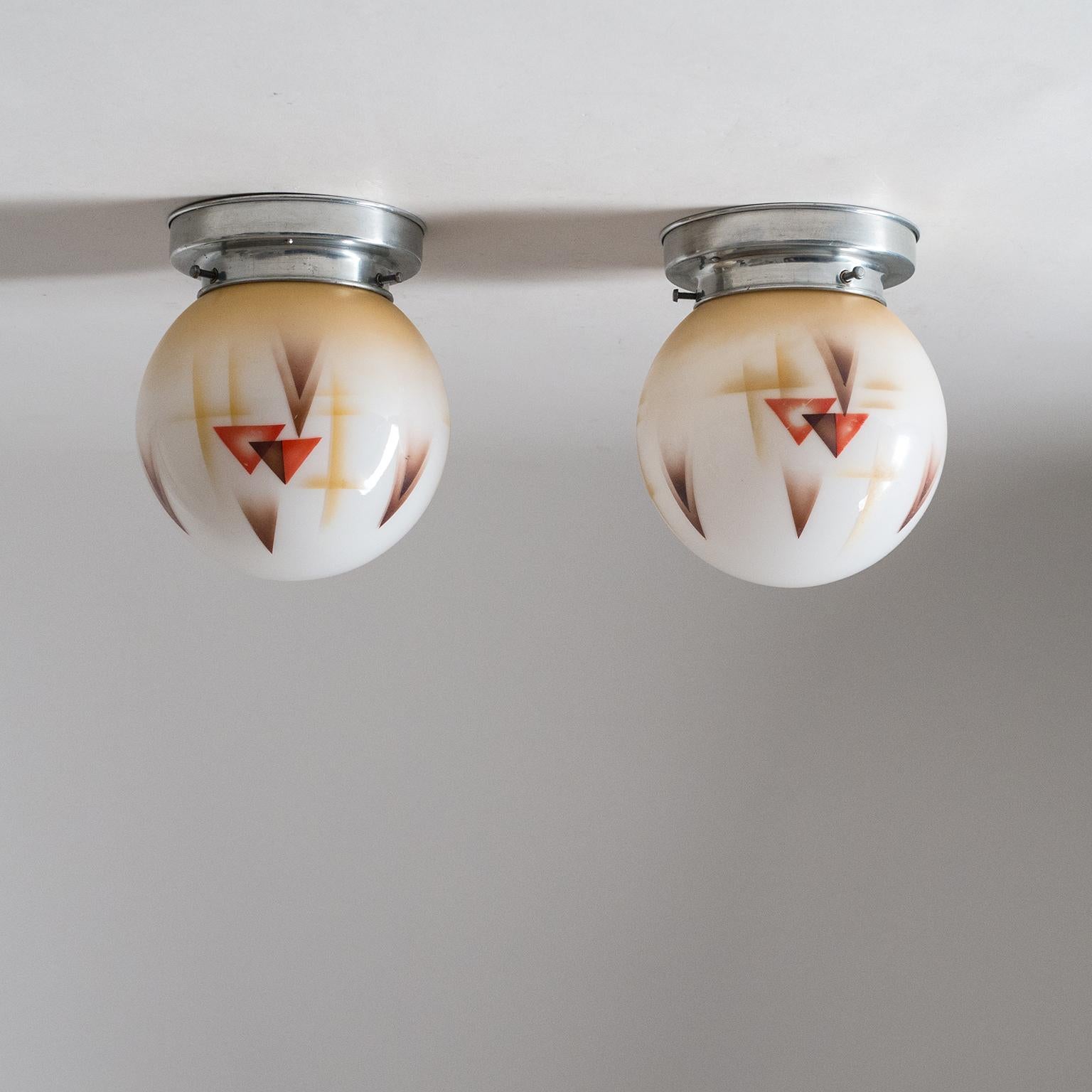 Pair of Art Deco Ceiling or Wall Lights, circa 1930, Enameled Glass 8