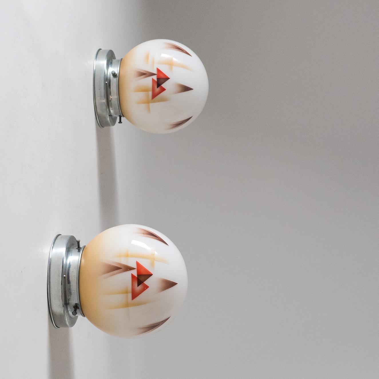 Pair of Art Deco Ceiling or Wall Lights, circa 1930, Enameled Glass 1