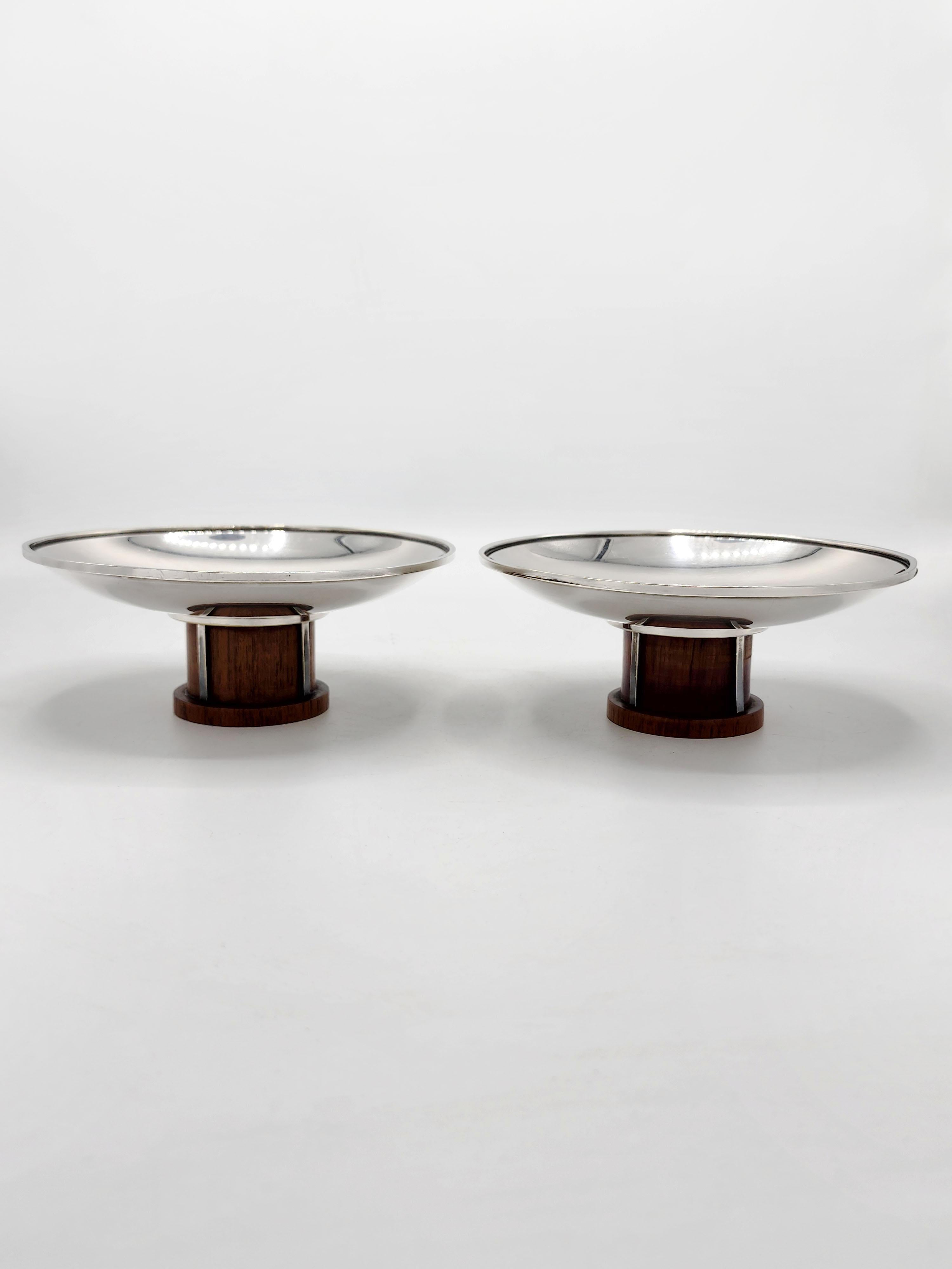 20th Century Pair of Art Deco Centerpieces in Silver Metal and Wood from Bafico, France For Sale