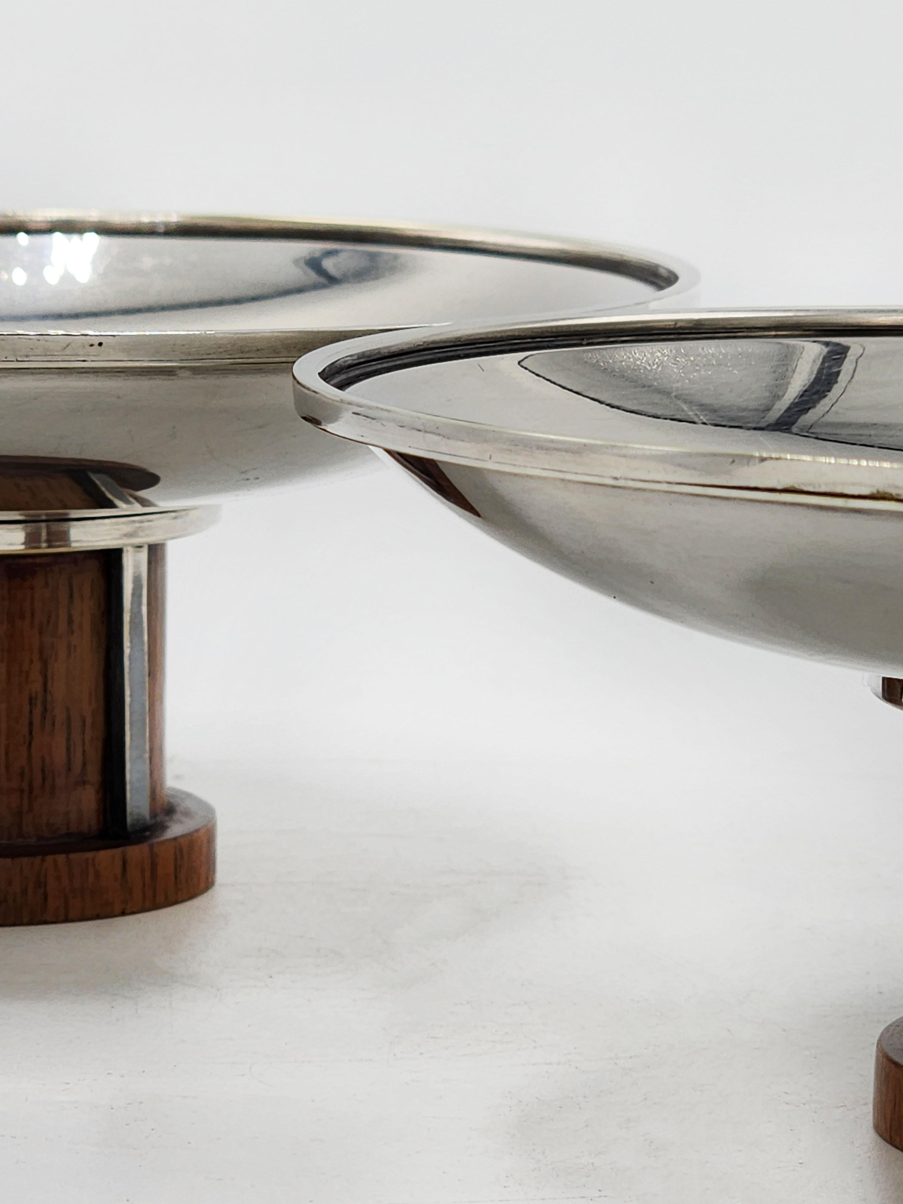 Pair of Art Deco Centerpieces in Silver Metal and Wood from Bafico, France For Sale 2