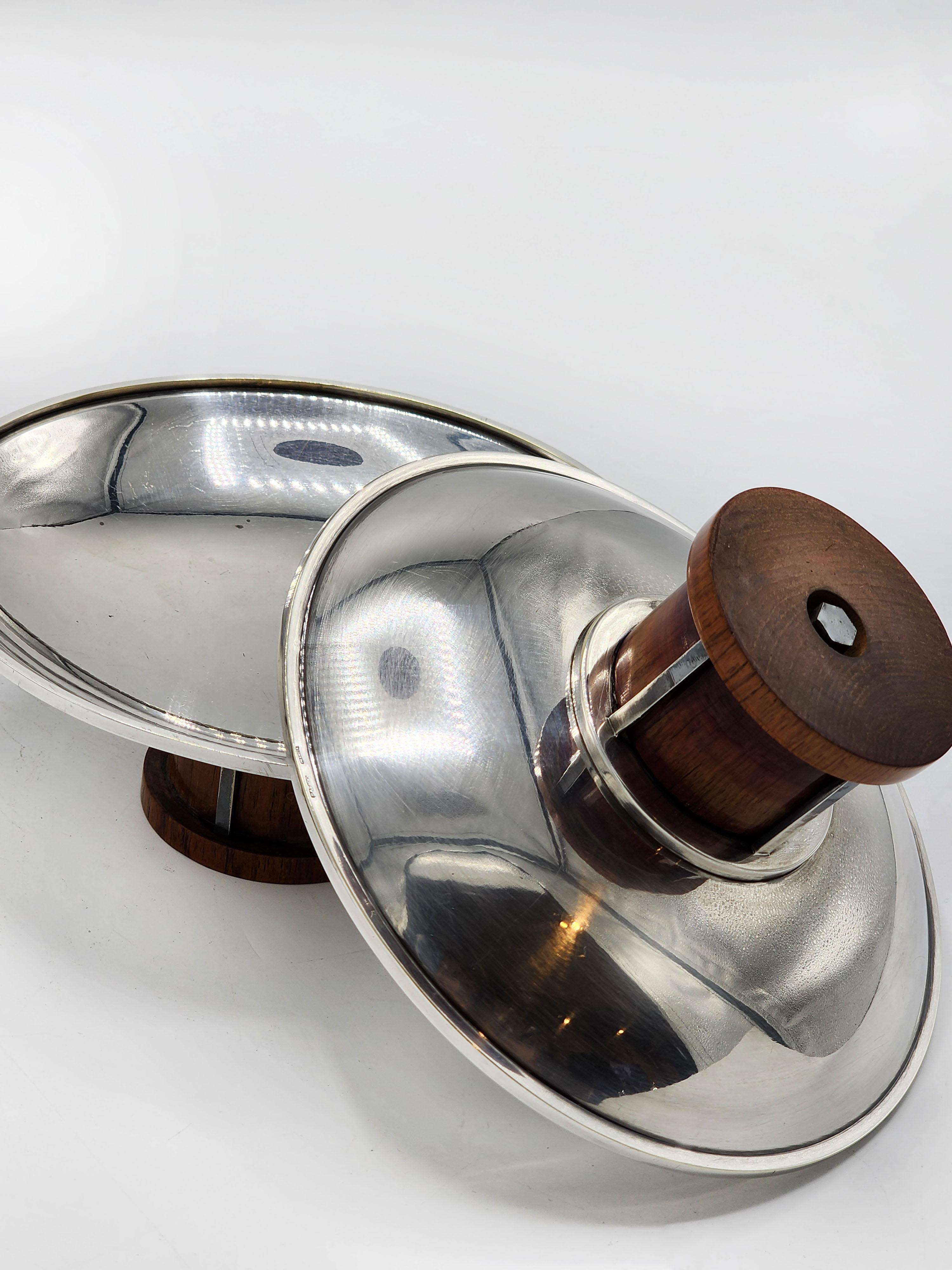 Pair of Art Deco Centerpieces in Silver Metal and Wood from Bafico, France For Sale 3