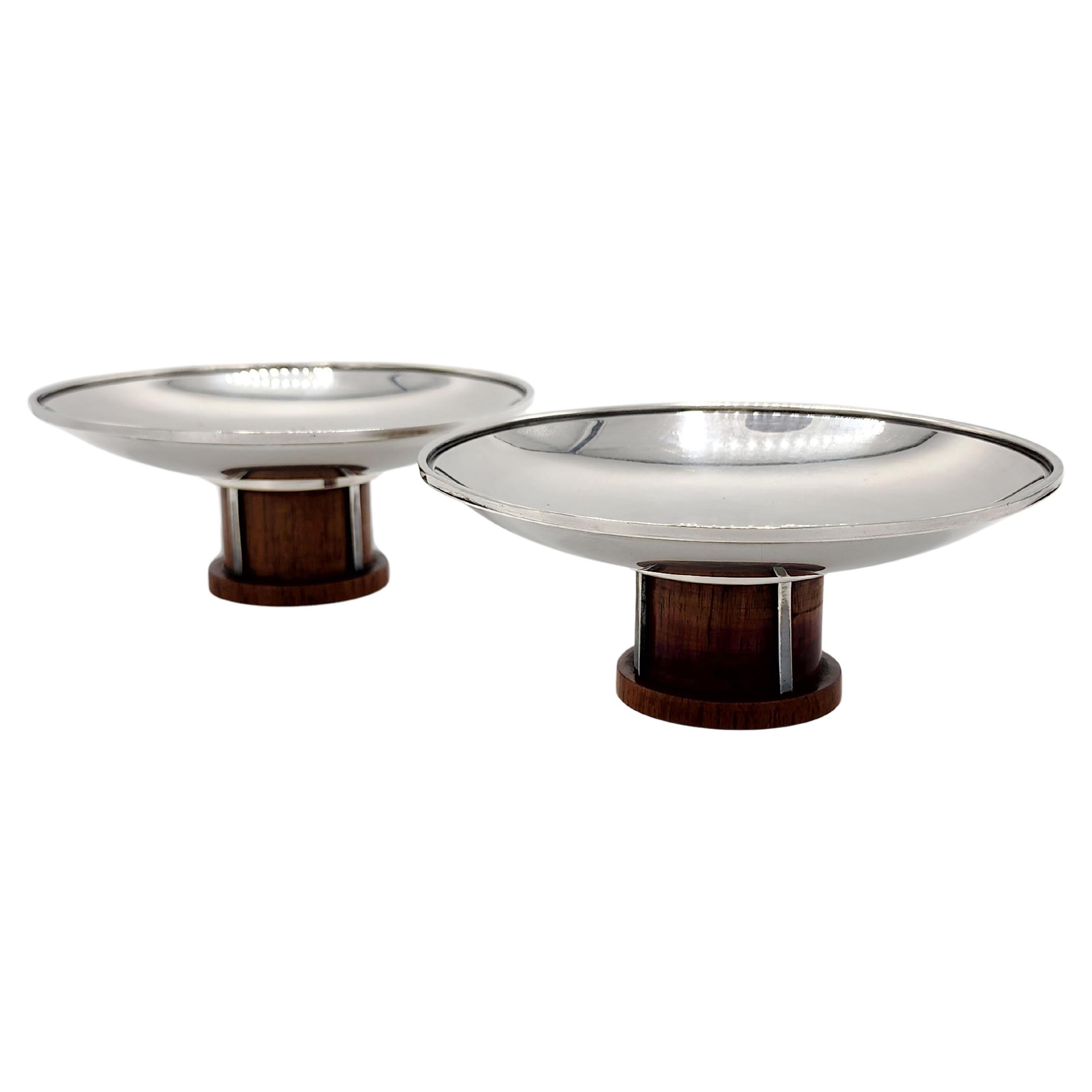 Pair of Art Deco Centerpieces in Silver Metal and Wood from Bafico, France For Sale