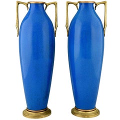 Pair of Art Deco Ceramic and Bronze Vases with Blue Crackle Glaze Sèvres