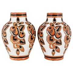 Pair of Art Deco Ceramic Craquelé Vases Flowers Charles Catteau for Keramis 1926