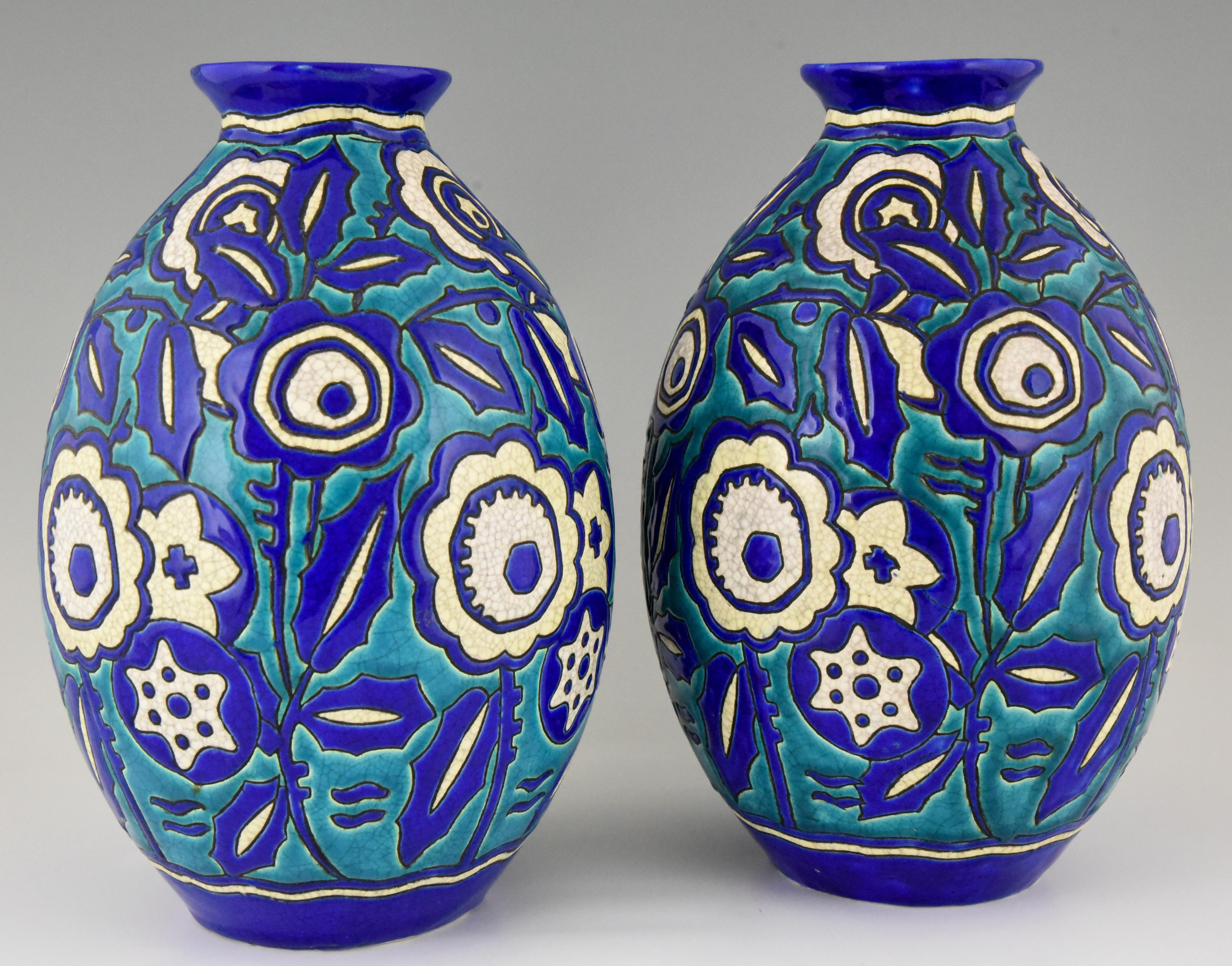 Belgian Pair of Art Deco Ceramic Craquelé Vases Flowers Charles Catteau for Keramis 1929