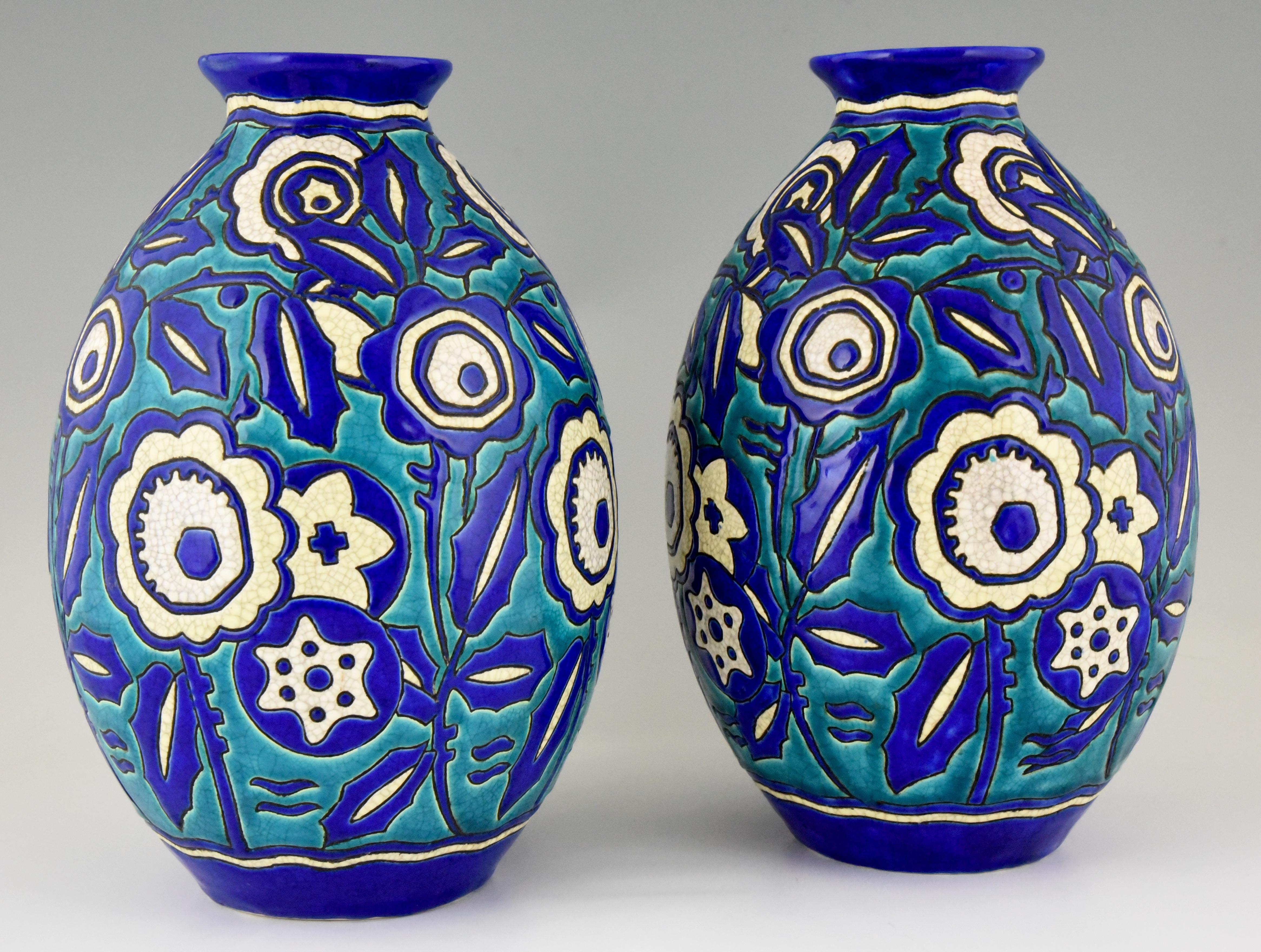Paar Art Deco Keramik Craquelé Vasen Blumen Charles Catteau für Keramis 1929 (Belgisch)