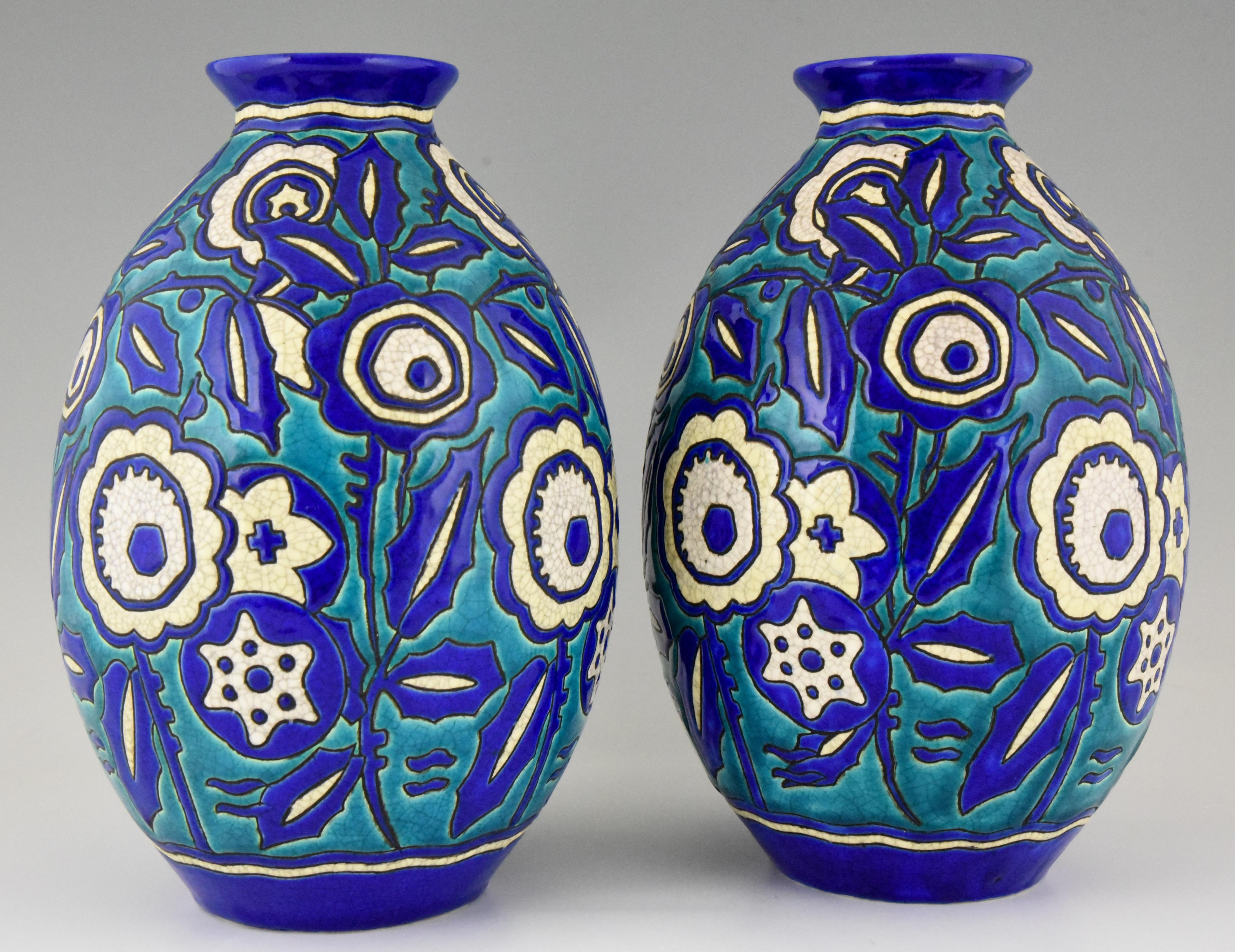 20th Century Pair of Art Deco Ceramic Craquelé Vases Flowers Charles Catteau for Keramis 1929