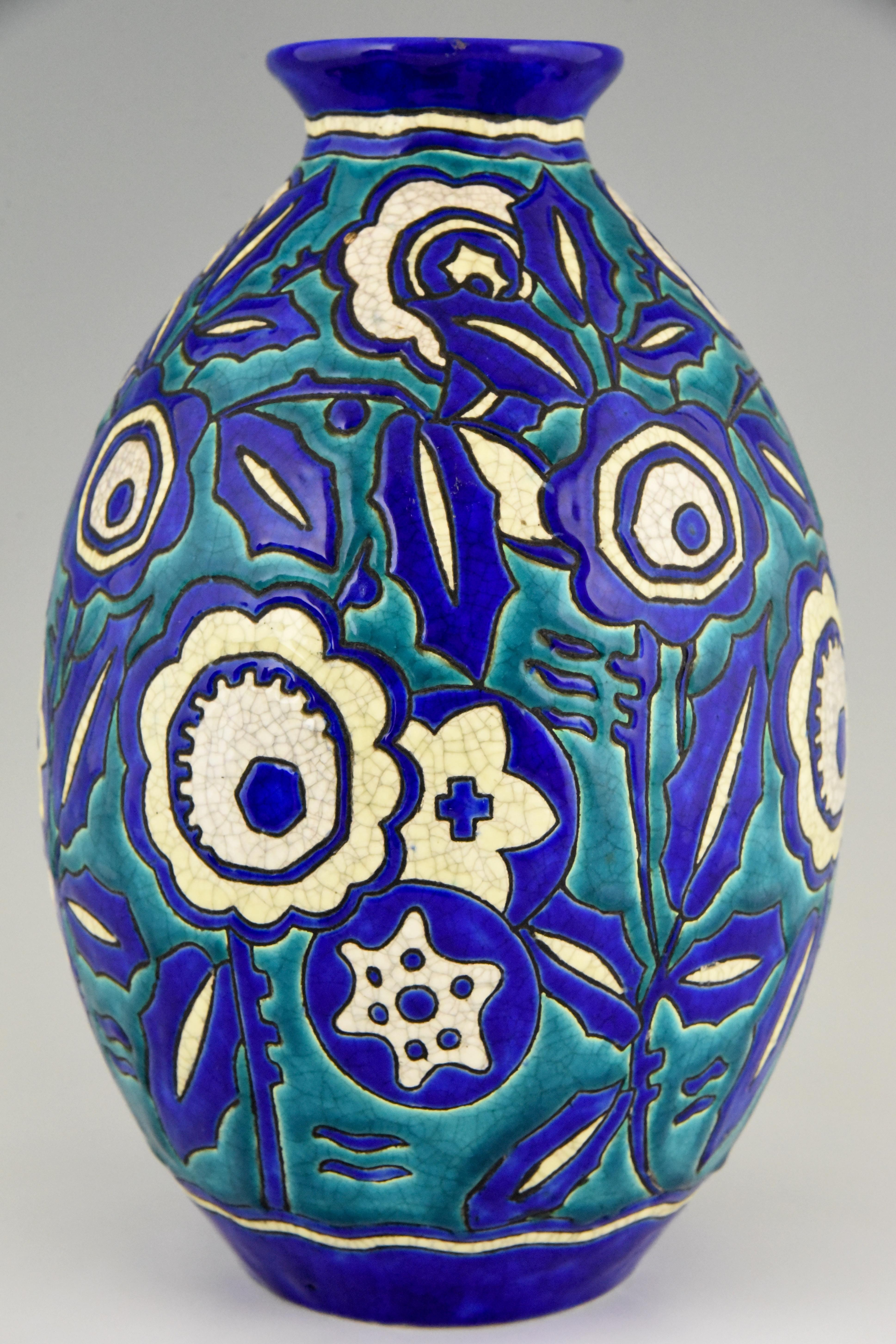 Paar Art Deco Keramik Craquelé Vasen Blumen Charles Catteau für Keramis 1929 1