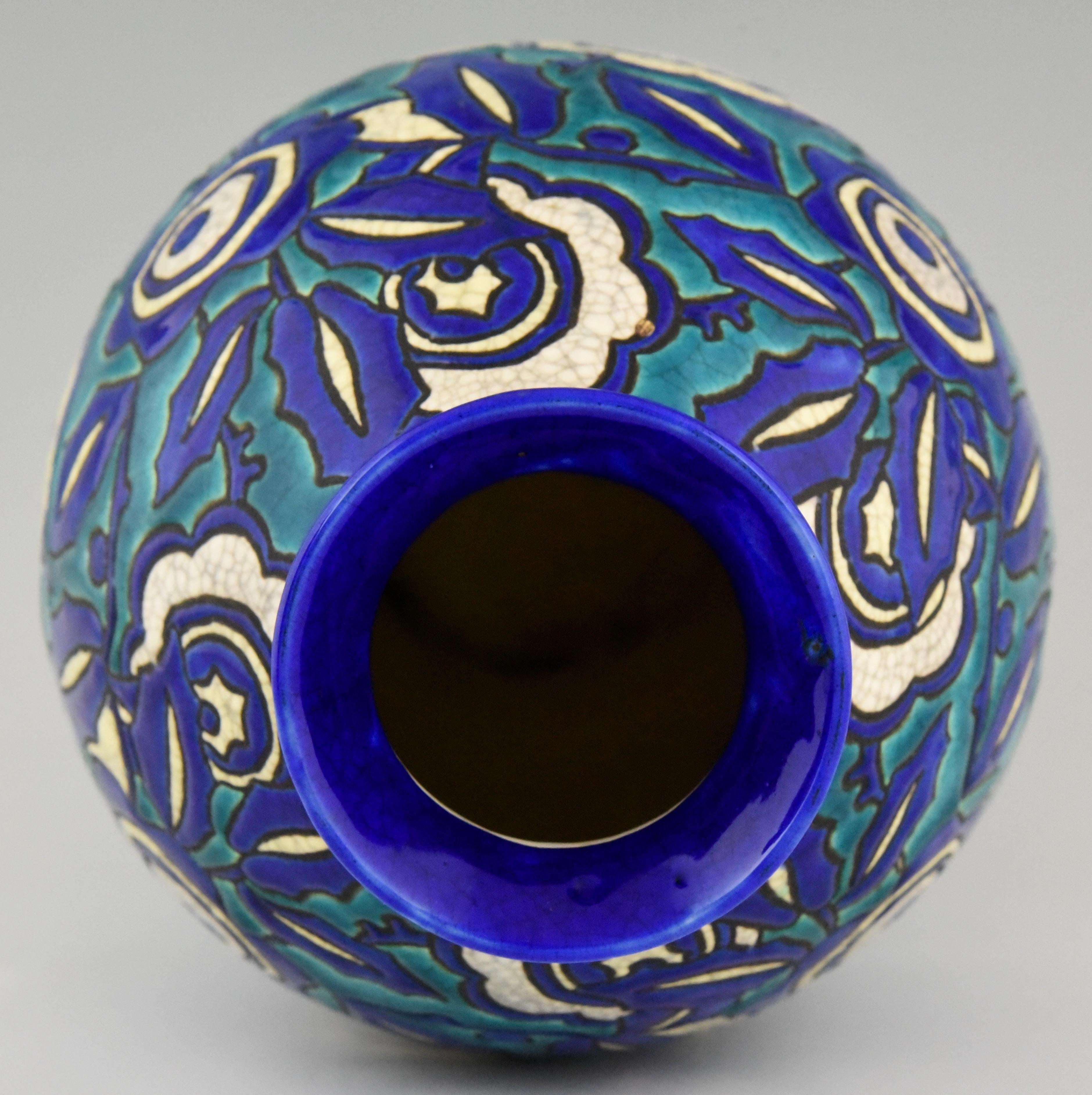 Paar Art Deco Keramik Craquelé Vasen Blumen Charles Catteau für Keramis 1929 3