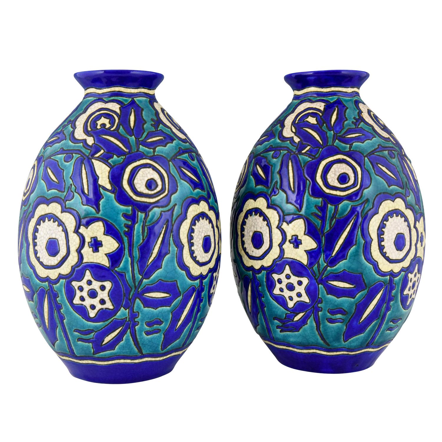 Paar Art Deco Keramik Craquelé Vasen Blumen Charles Catteau für Keramis 1929