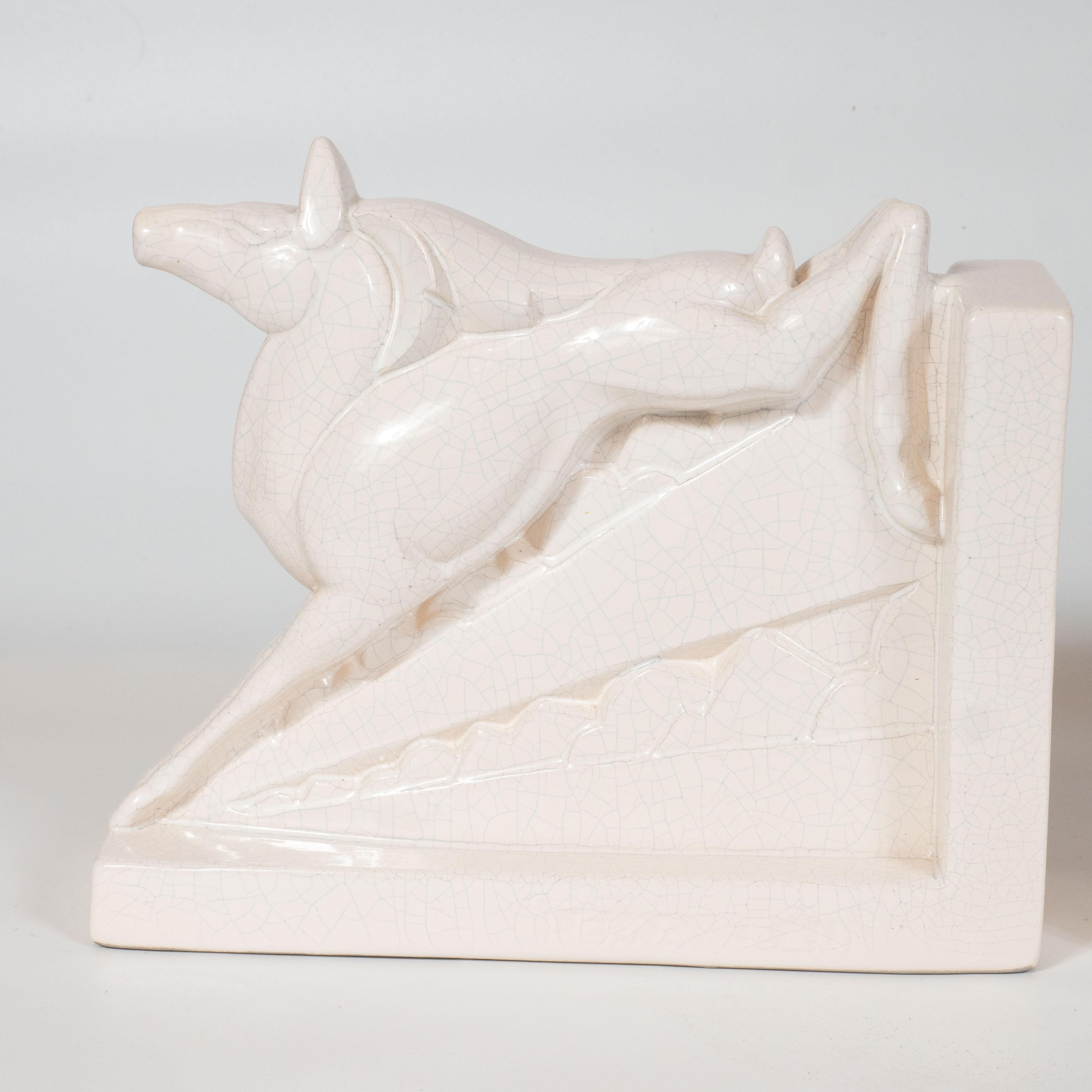 Pair of Art Deco Ceramic Equine Book Ends in Cream Craquelure by Lemanceau In Excellent Condition In New York, NY