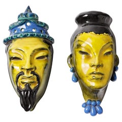 Pair of Art Deco Ceramic Mask by C Trabert Paris 1940 Yellow and Blue Colors